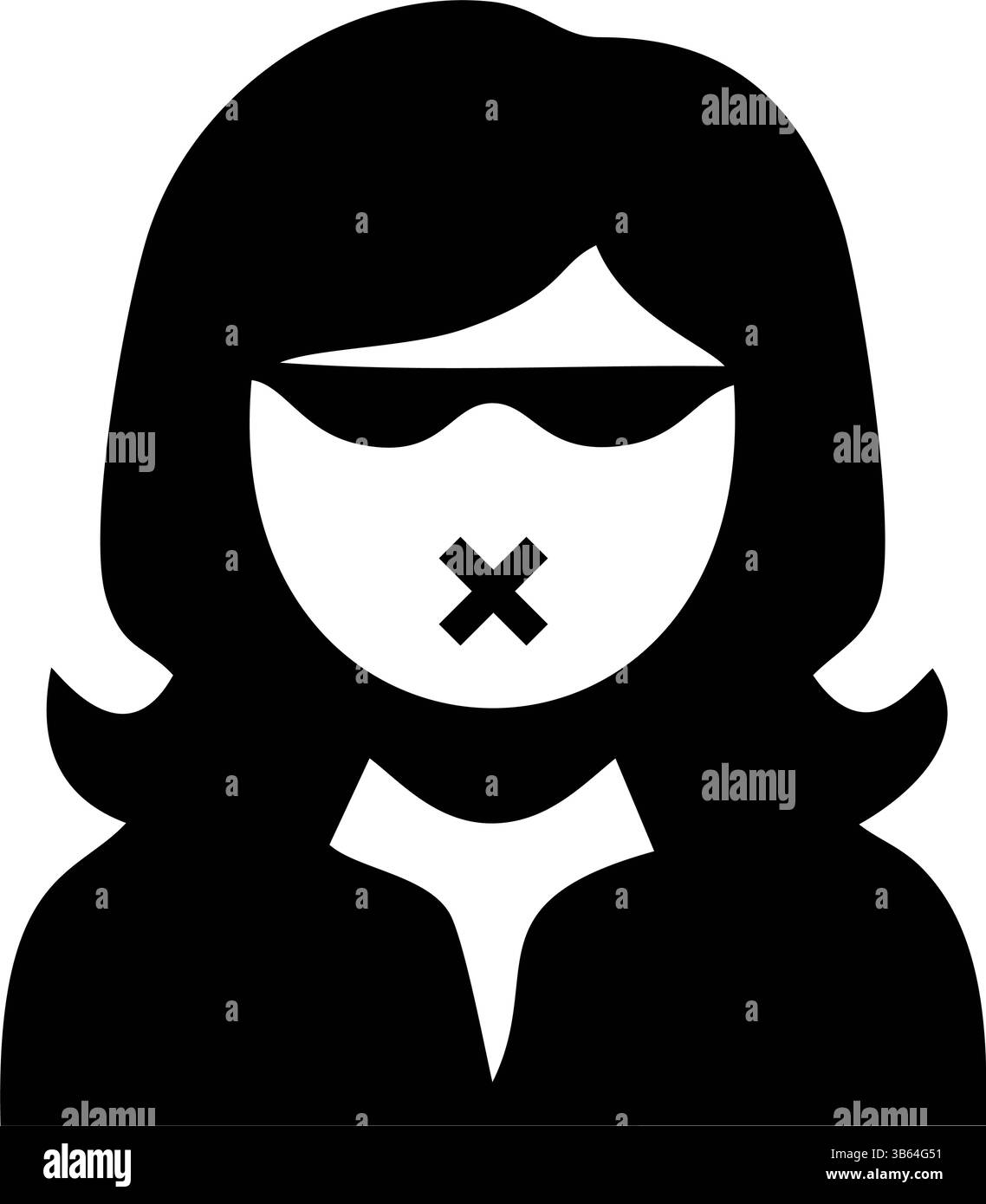 Une silhouette noire et blanche d'une femme dont la bouche est recouverte d'un grand X' Illustration de Vecteur