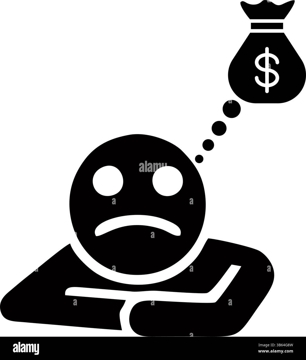 Une illustration simple en noir et blanc d'une personne avec une expression triste, rêvant d'un sac d'argent Illustration de Vecteur