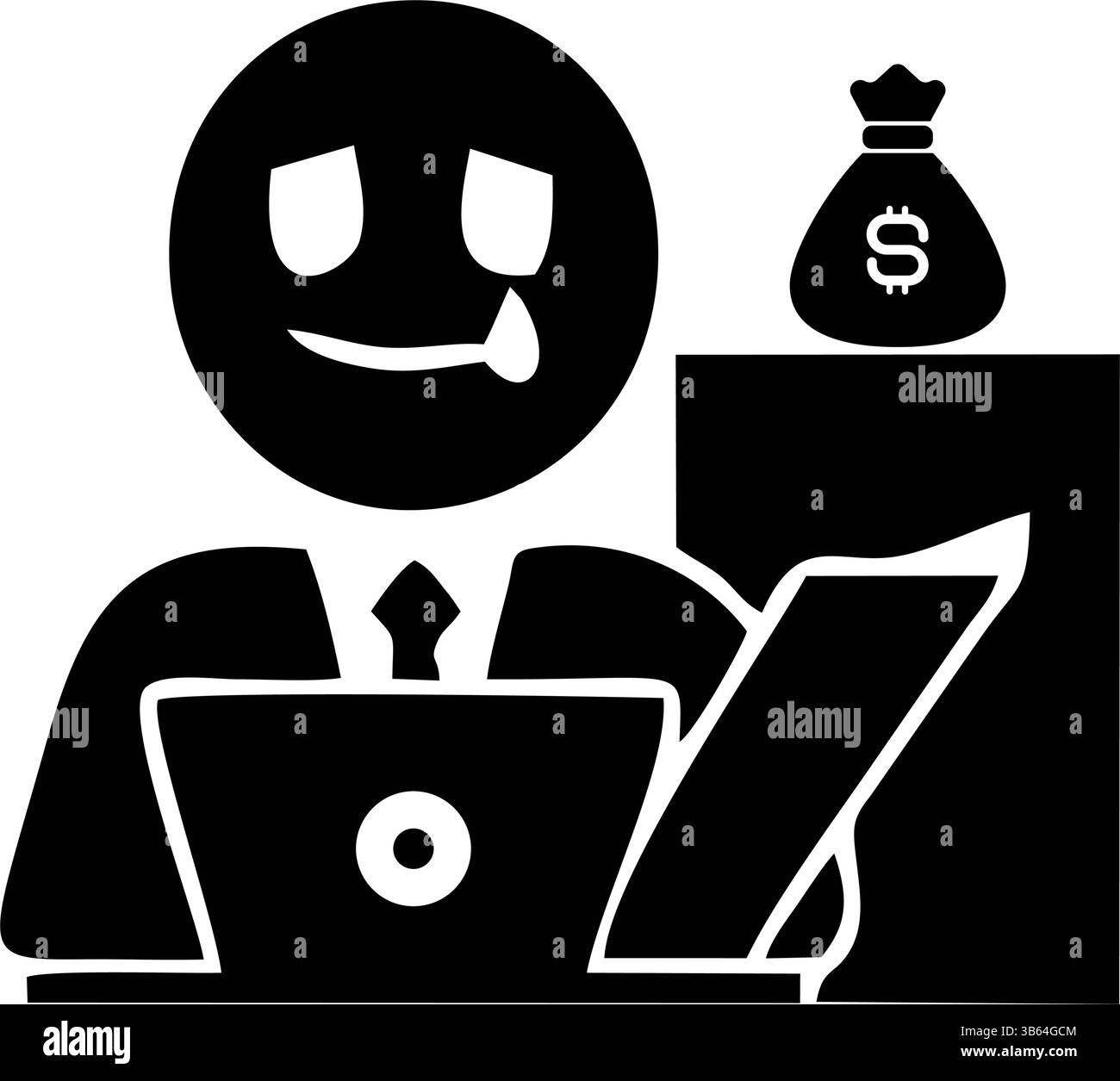 Une illustration simple en noir et blanc d'un homme d'affaires assis à un bureau avec un ordinateur portable Illustration de Vecteur