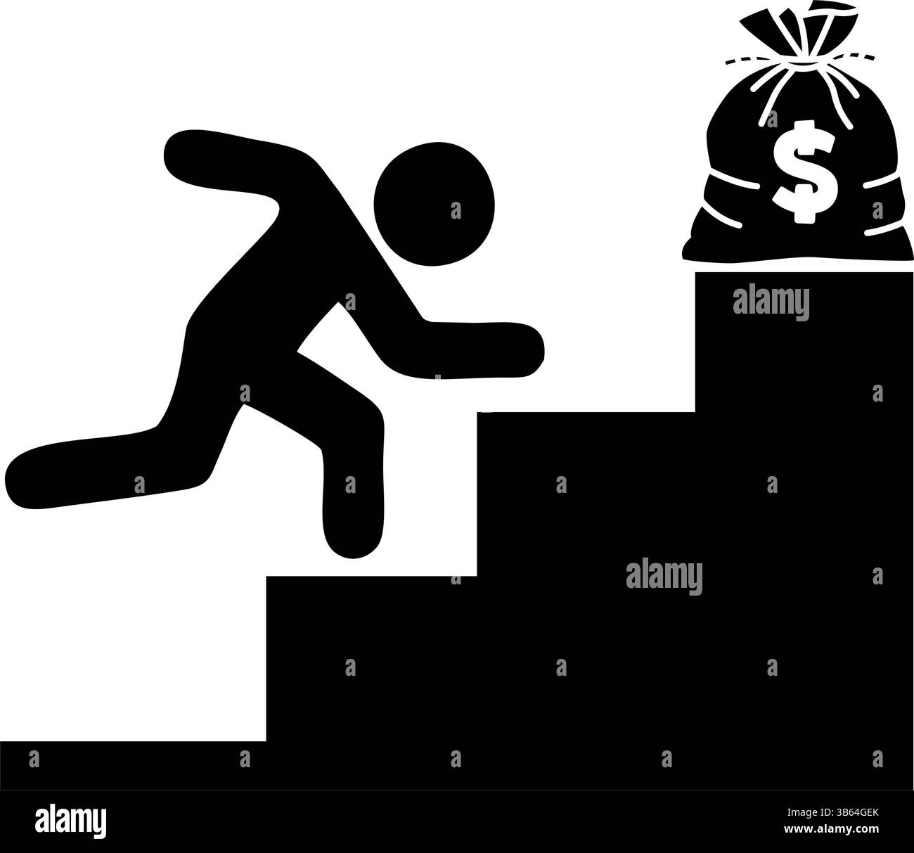 Un graphique simple en noir et blanc montre une personne stylisée en train de monter un escalier, atteignant un sac d'argent sur la marche supérieure Illustration de Vecteur