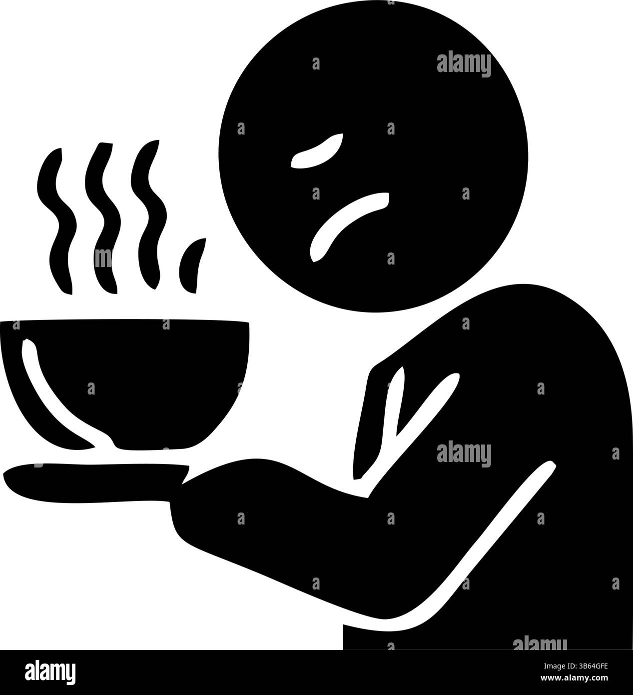 Un simple graphique noir et blanc d'une personne tenant un bol de soupe vapeur, transmettant un sentiment de tristesse ou de malheur Illustration de Vecteur