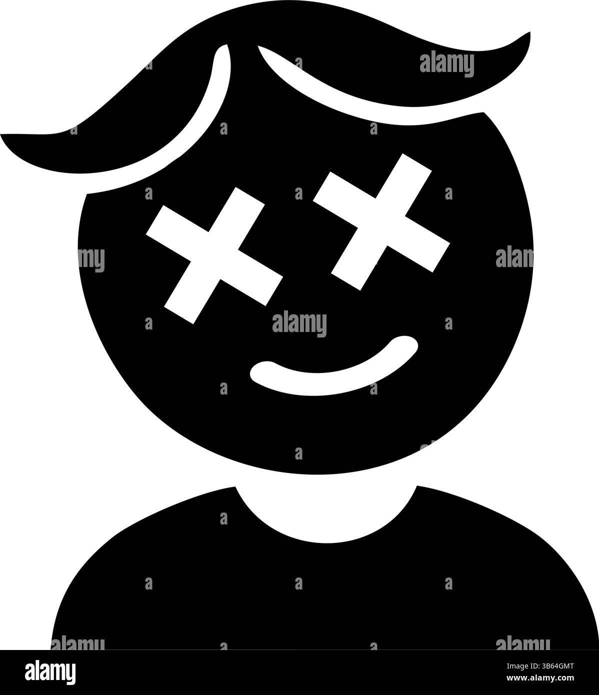 Icône emoji simple en noir et blanc représentant une personne avec un visage sans expression et des marques X sur les yeux Illustration de Vecteur