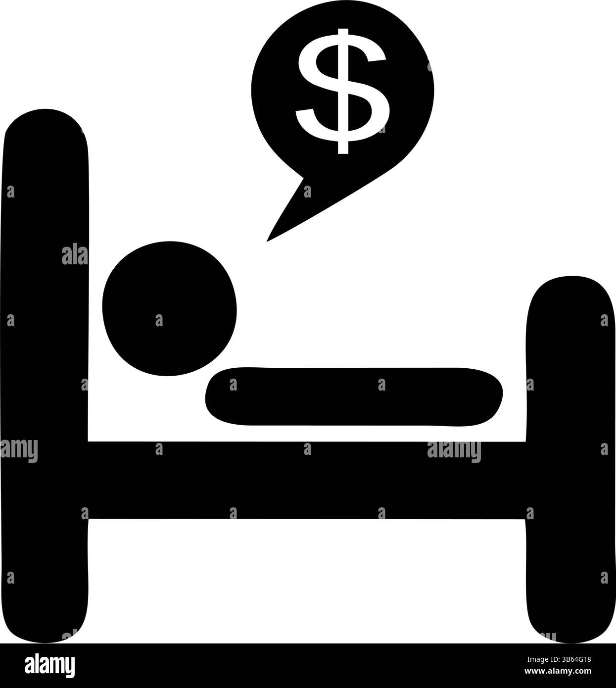 Un graphique simple, noir et blanc illustrant une personne allongée dans un lit avec une bulle de pensée de signe dollar au-dessus d'eux Illustration de Vecteur