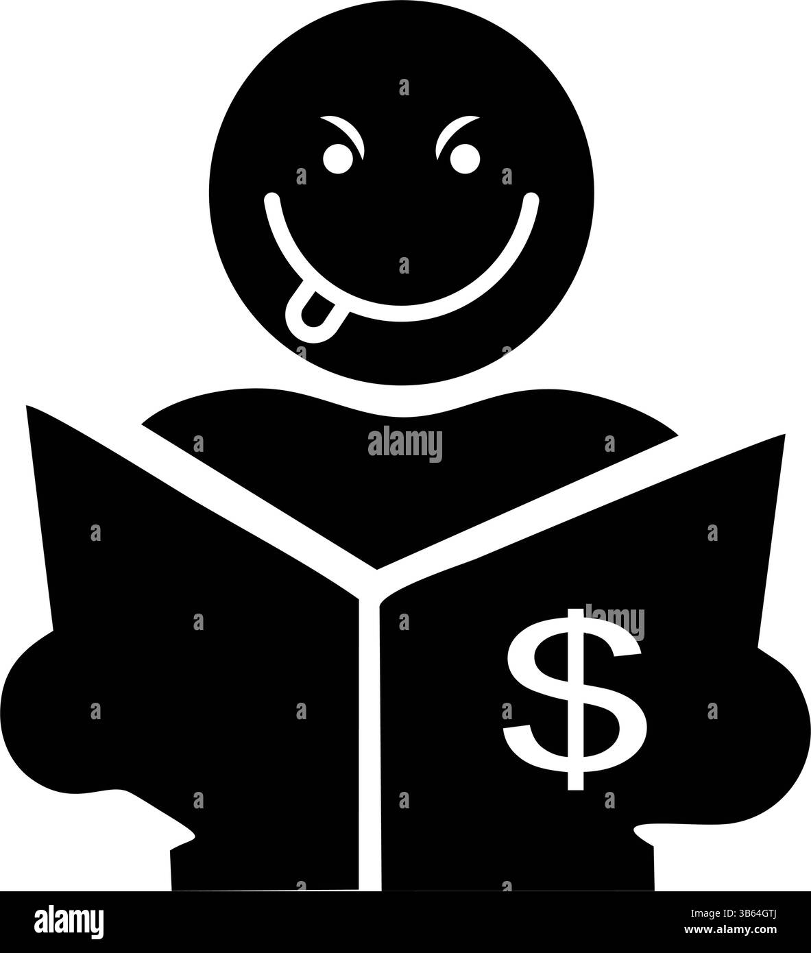 Un graphique stylisé en noir et blanc représente une personne avec une expression espiègle, sortant la langue, lisant un document représentant un dollar si Illustration de Vecteur