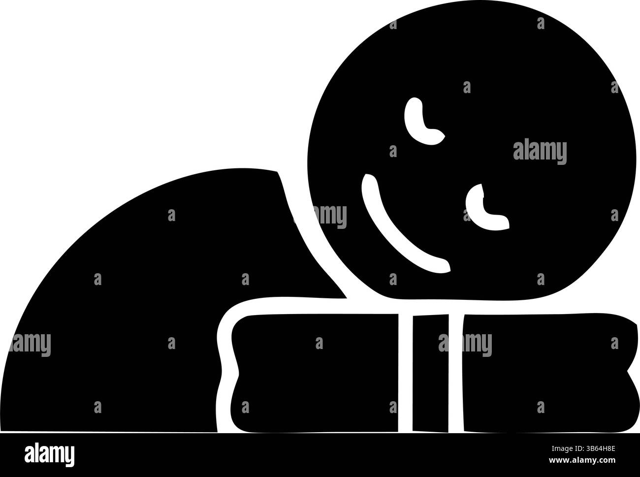 Un graphique simple, noir et blanc d'une figure de dessin animé avec une expression heureuse, couché et reposant sa tête sur un livre Illustration de Vecteur