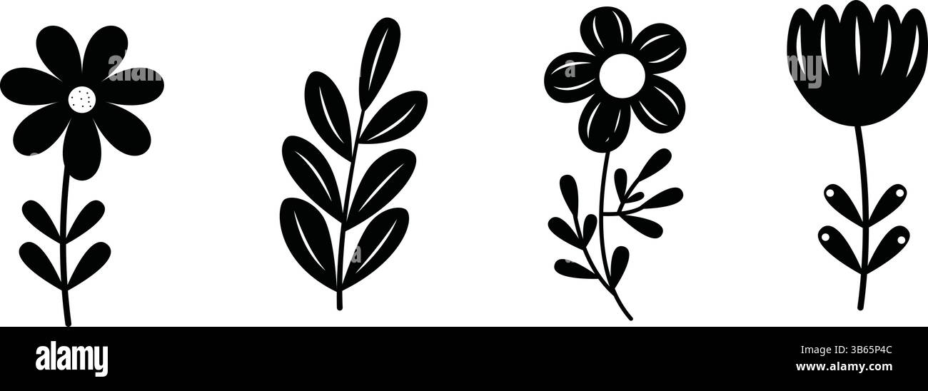 Icônes décoratives de silhouette de fleurs noires et de plantes avec des éléments floraux pour la conception de la nature et des thèmes écologiques Illustration de Vecteur