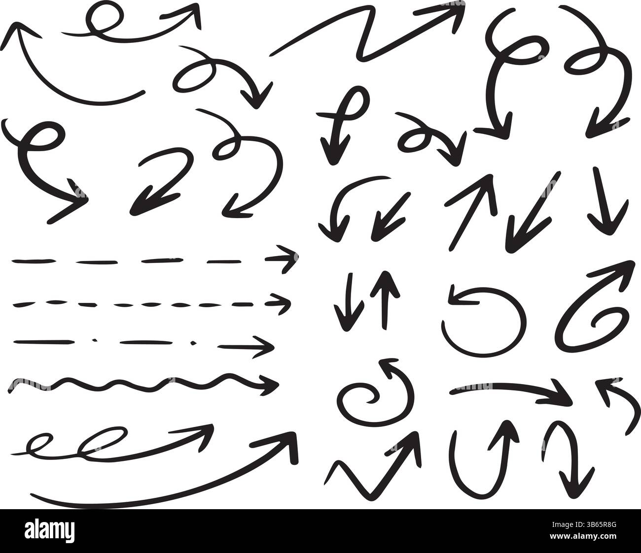 Flèche dessinée à la main Doodles Collection Vector Design avec flèche courbée, droite et tourbillon, doodle, dessiné à la main, vecteur, croquis, courbe, tourbillon Illustration de Vecteur