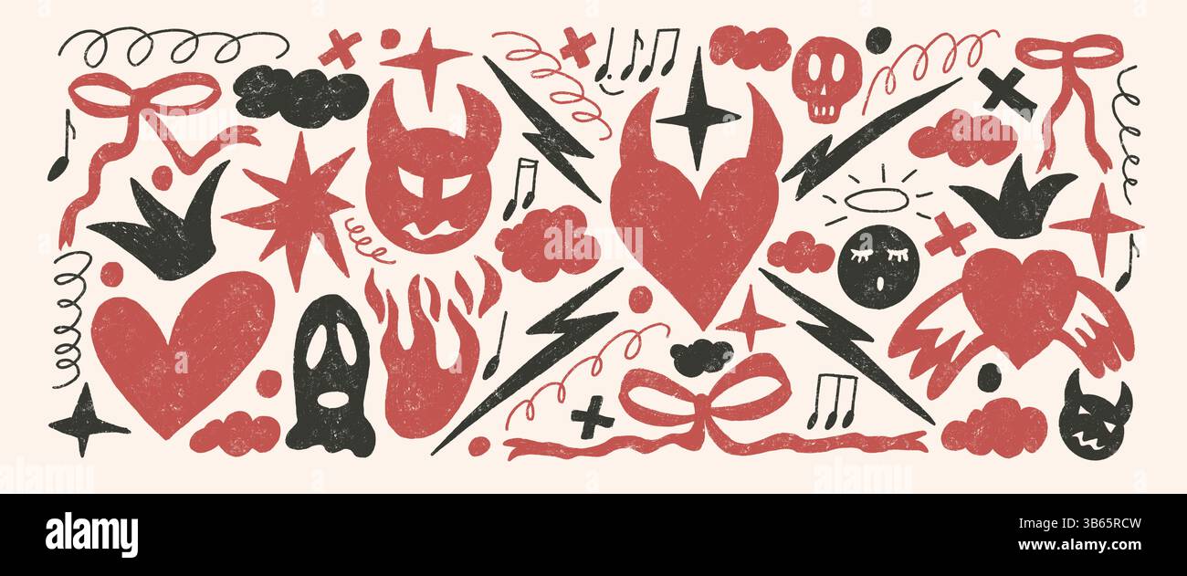 Punk Breaking Heart Doodles Set Devil and Anges crayon fond dessiné. Griffonner des éléments girly grunge. Fantôme, arcs, nuages et formes d'esquisse. Vecto Illustration de Vecteur