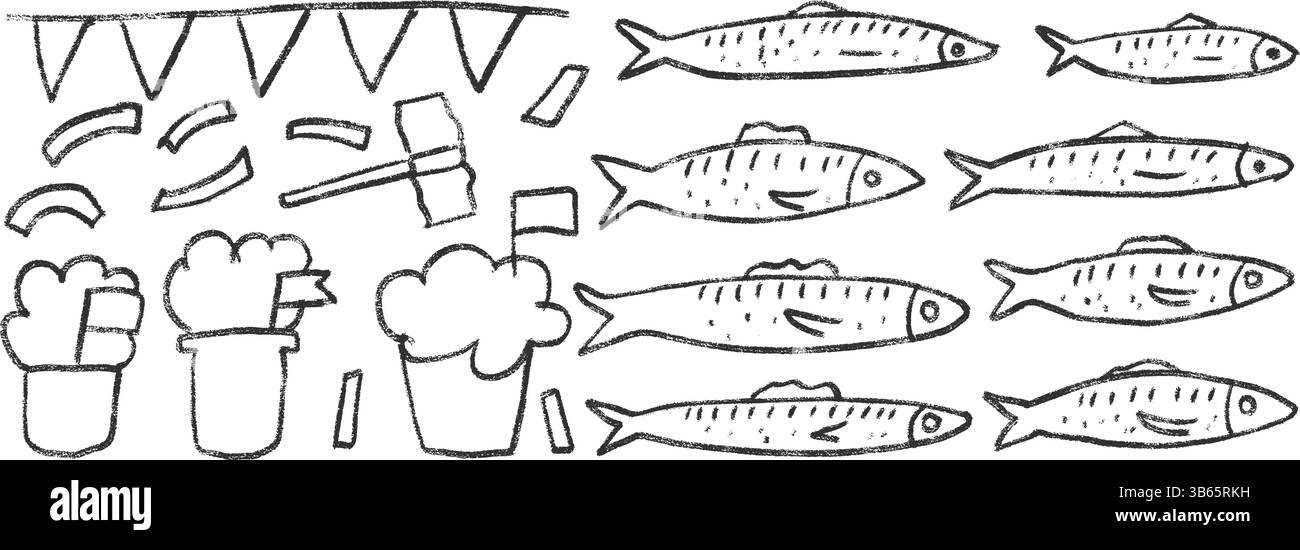 Éléments du festival Santos populares. Manjerico, marteau et guirlande avec sardines dessinées à la main set. École de poissons dans la mer. Jeu de griffonnages de ligne de poissons. VEC Illustration de Vecteur