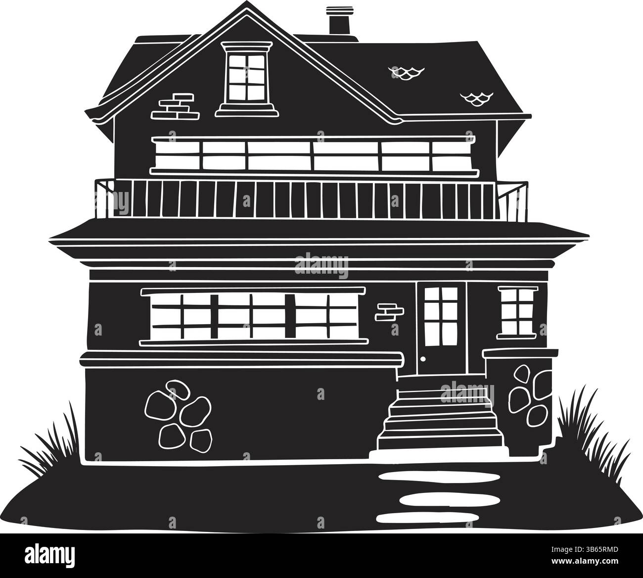 Silhouette d'une maison classique de deux étages avec architecture détaillée Illustration de Vecteur