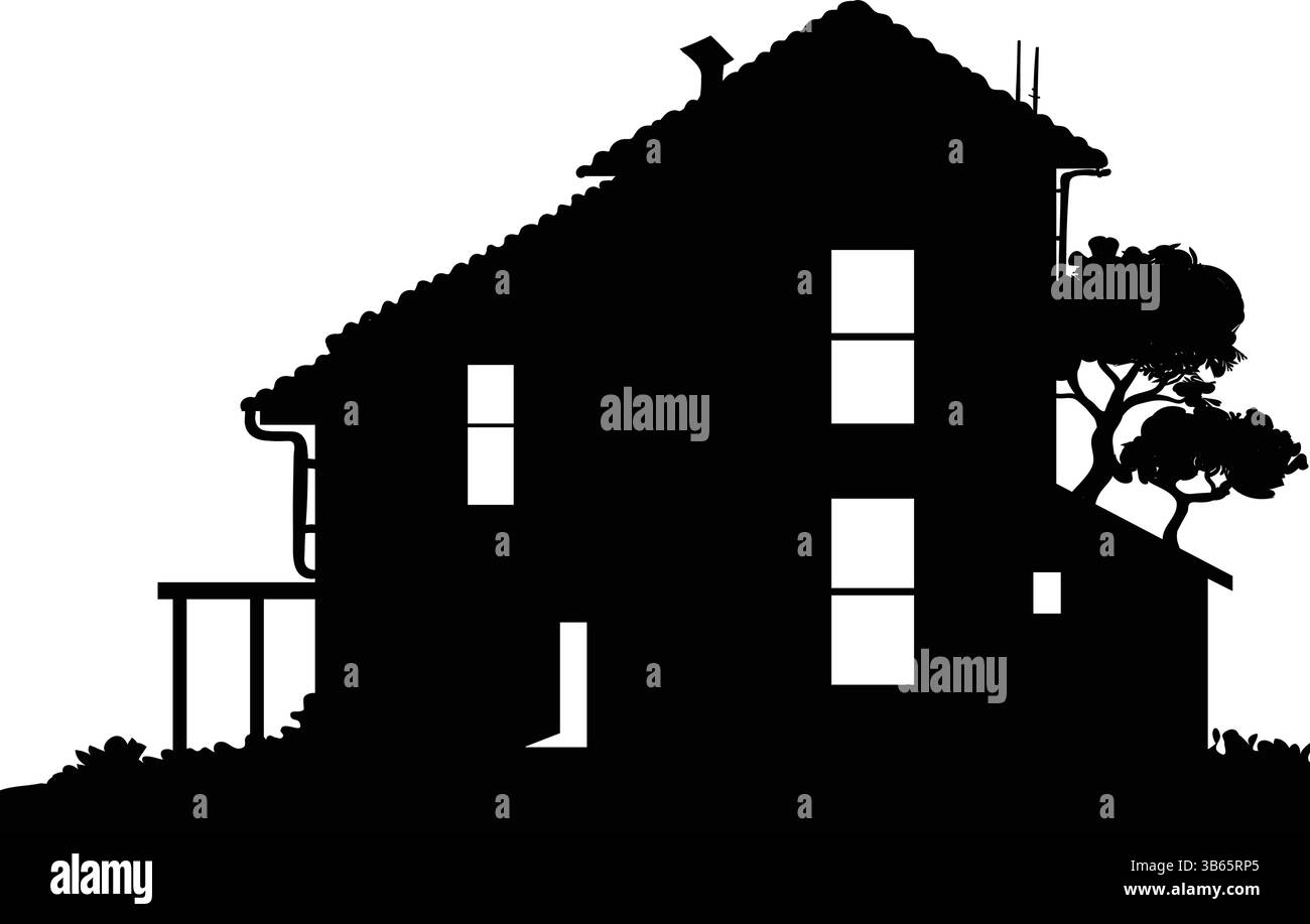 Silhouette d'une maison de deux étages avec arbres et cheminée Illustration de Vecteur