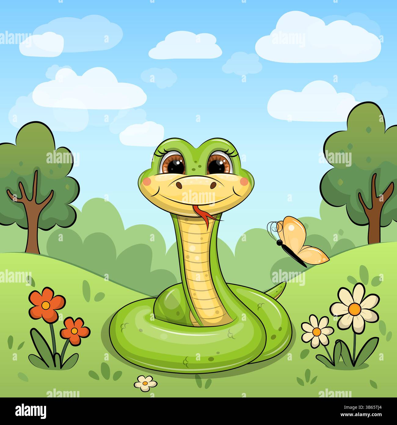 Serpent de dessin animé vert drôle sur Meadow avec des arbres et Blue Sky. Illustration vectorielle mignonne d'un animal avec des fleurs rouges et blanches, de l'herbe et des arbres. Illustration de Vecteur