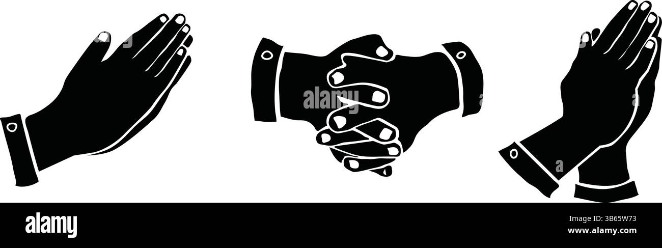 Ensemble de vecteur d'icône de gestes de main : applaudissements, poignée de main et mains priantes dans la silhouette, icône de gestes de main, icône d'applaudissements, silhouette de poignée de main Illustration de Vecteur