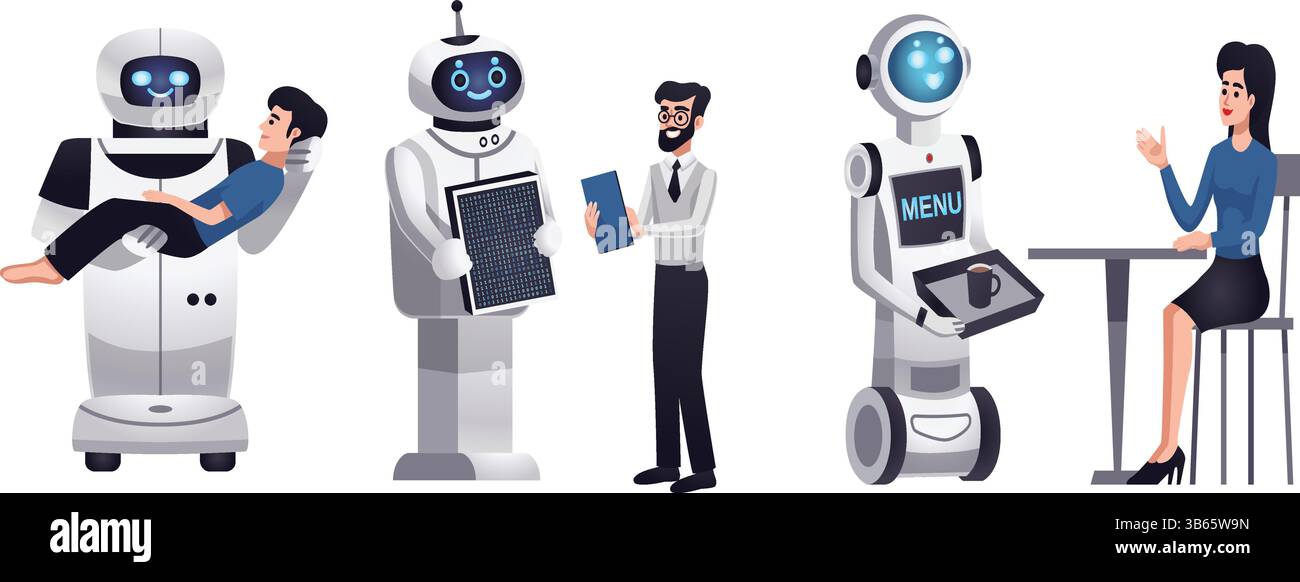 Les robots de service aident les gens – IA dans les secteurs de la santé, de l'hôtellerie et du service à la clientèle Illustration de Vecteur