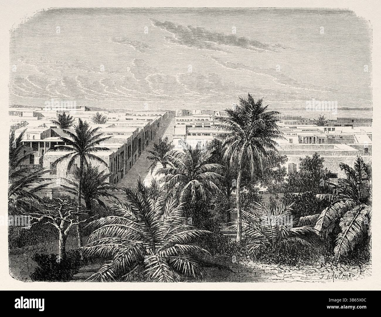 Vue panoramique de la ville de Saint Louis à l'embouchure du fleuve Sénégal, nord du Sénégal, Afrique. Dessin d'Alexandre de Bar (1821-1908) croisière sur les côtes africaines en 1868 par le vice-amiral Alphonse Fleuriot de Langle (1809 - 1881) le Tour du monde 1872 Banque D'Images