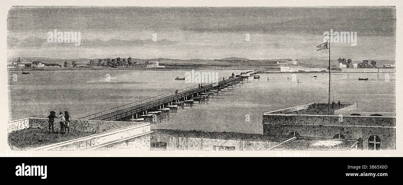 Sort Bridge, ville de Saint Louis. Nord Sénégal, Afrique. Dessin de Jules Noel (1815-1881) croisière sur les côtes africaines en 1868 par le vice-amiral Alphonse Fleuriot de Langle (1809 - 1881) le Tour du monde 1872 Banque D'Images