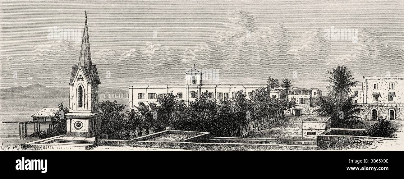 Couvent des Sœurs de Saint Joseph de Cluny, Saint Louis, Sénégal, Afrique. Dessin d'Alexandre de Bar (1821-1908) croisière sur les côtes africaines en 1868 par le vice-amiral Alphonse Fleuriot de Langle (1809 - 1881) le Tour du monde 1872 Banque D'Images