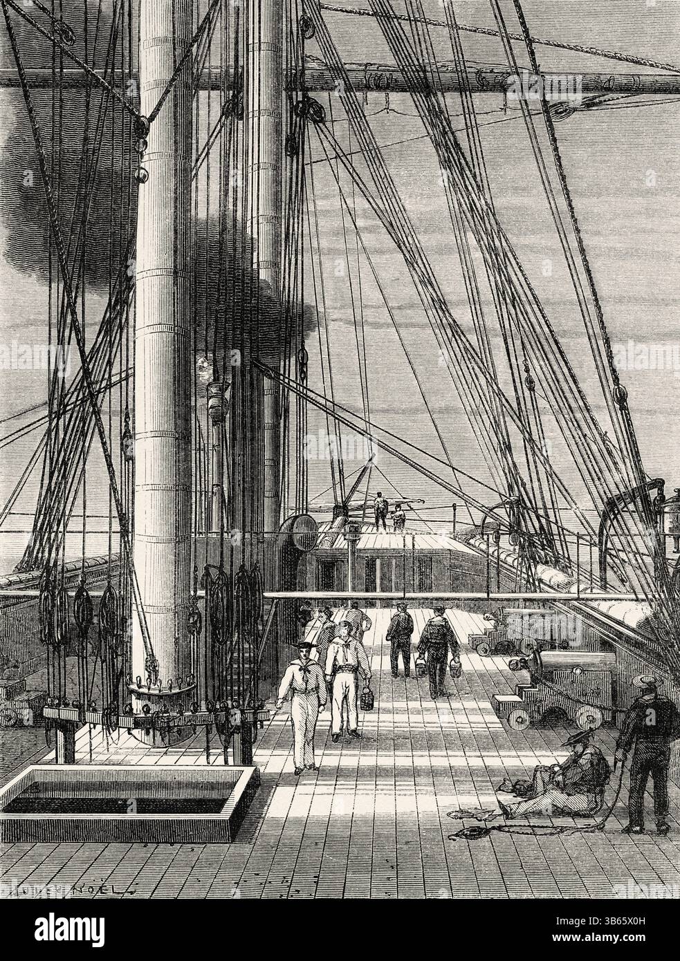 Le navire d'expédition quitte l'île de Gorée, Sénégal, Afrique. Dessin de Jules Noel (1815-1881) croisière sur les côtes africaines en 1868 par le vice-amiral Alphonse Fleuriot de Langle (1809 - 1881) le Tour du monde 1872 Banque D'Images