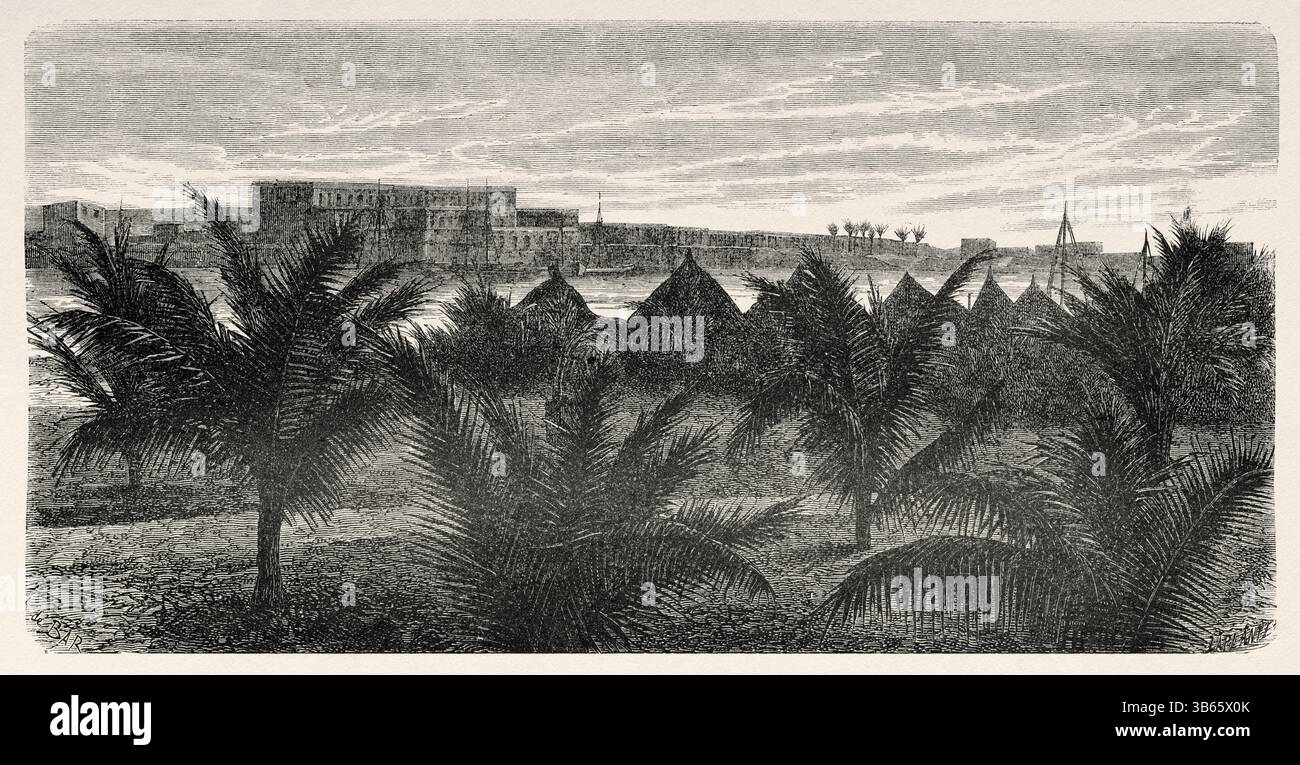 Hôpital de Saint Louis, Sénégal, Afrique. Dessin d'Alexandre de Bar (1821-1908) croisière sur les côtes africaines en 1868 par le vice-amiral Alphonse Fleuriot de Langle (1809 - 1881) le Tour du monde 1872 Banque D'Images