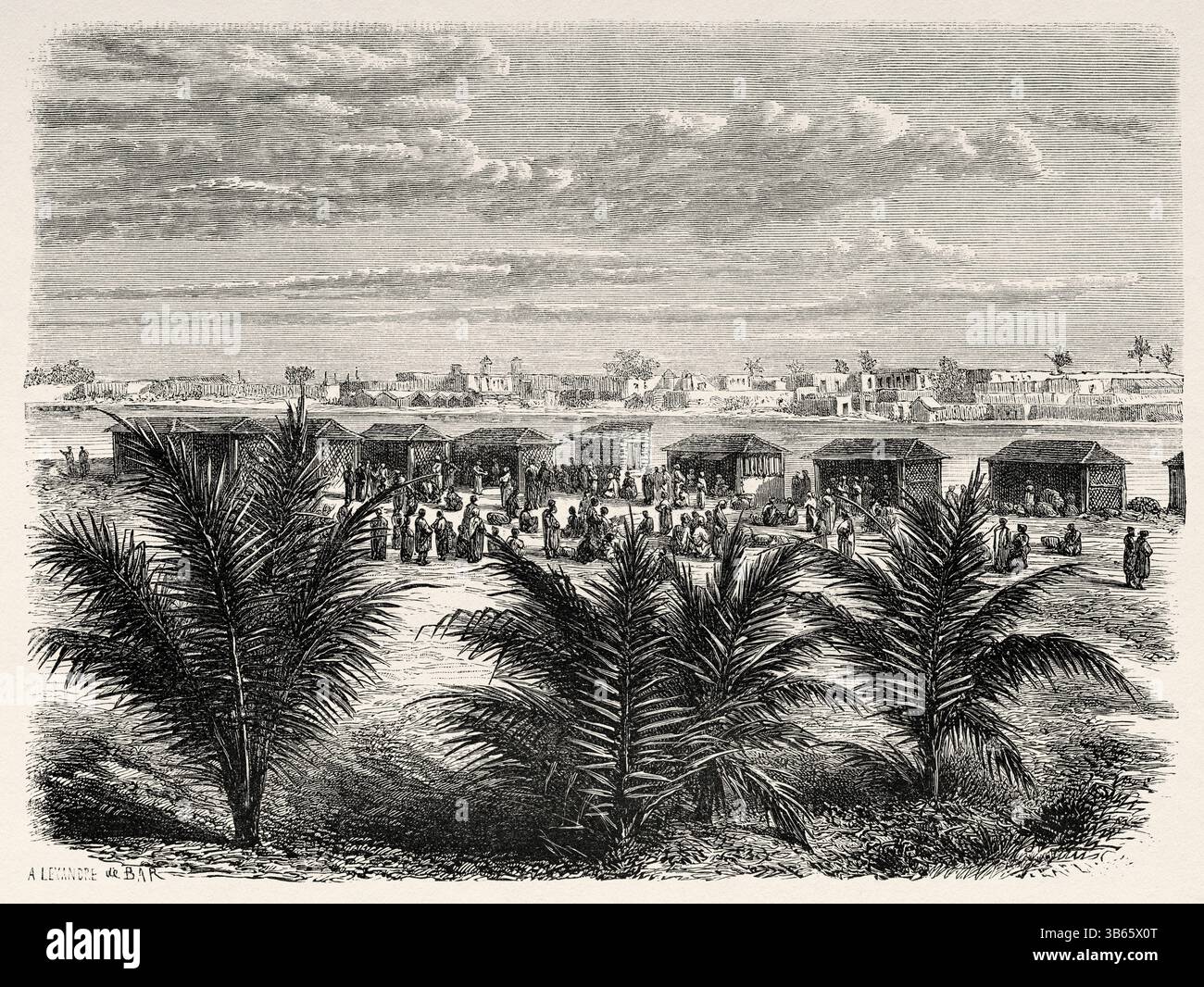 Marché de Saint Louis, Sénégal, Afrique. Dessin d'Alexandre de Bar (1821-1908) croisière sur les côtes africaines en 1868 par le vice-amiral Alphonse Fleuriot de Langle (1809 - 1881) le Tour du monde 1872 Banque D'Images