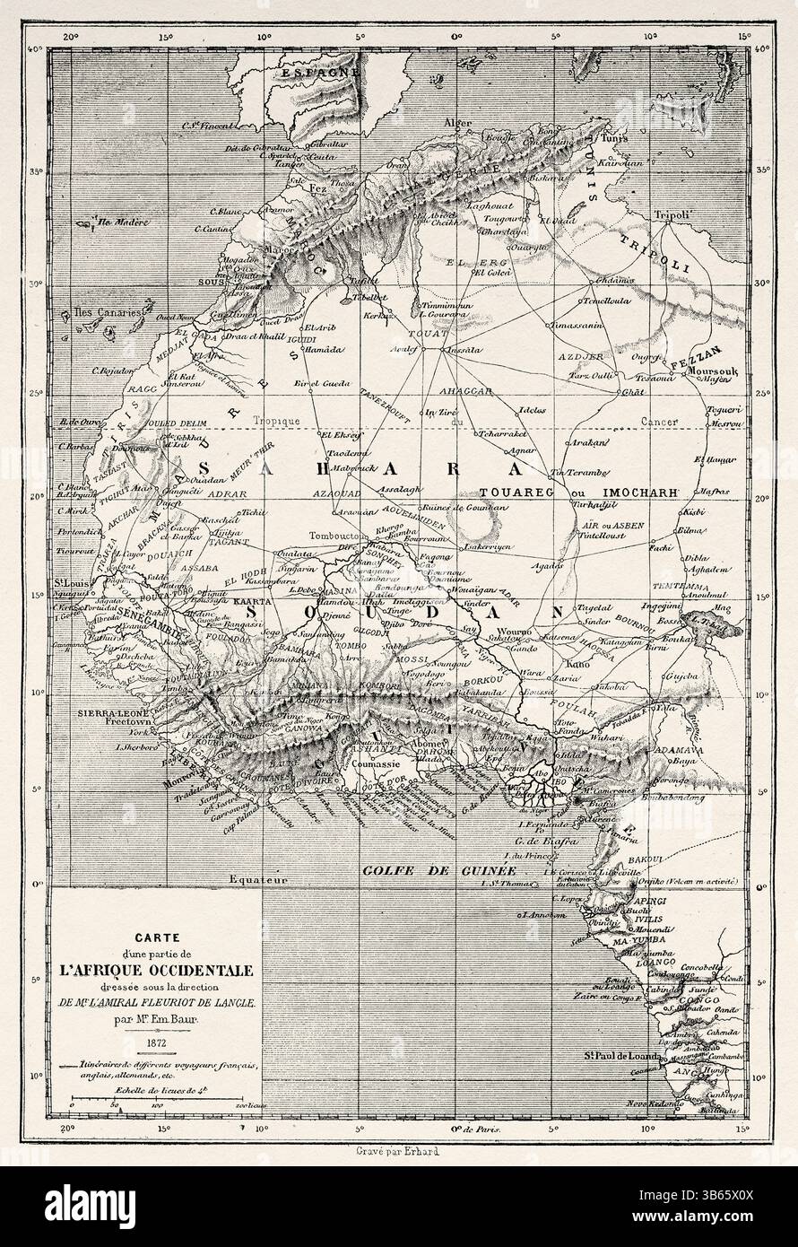 Carte d'une partie de l'Afrique de l'Ouest. Croisière sur les côtes africaines en 1868 par le vice-amiral Alphonse Fleuriot de Langle (1809 - 1881) le Tour du monde 1872 Banque D'Images