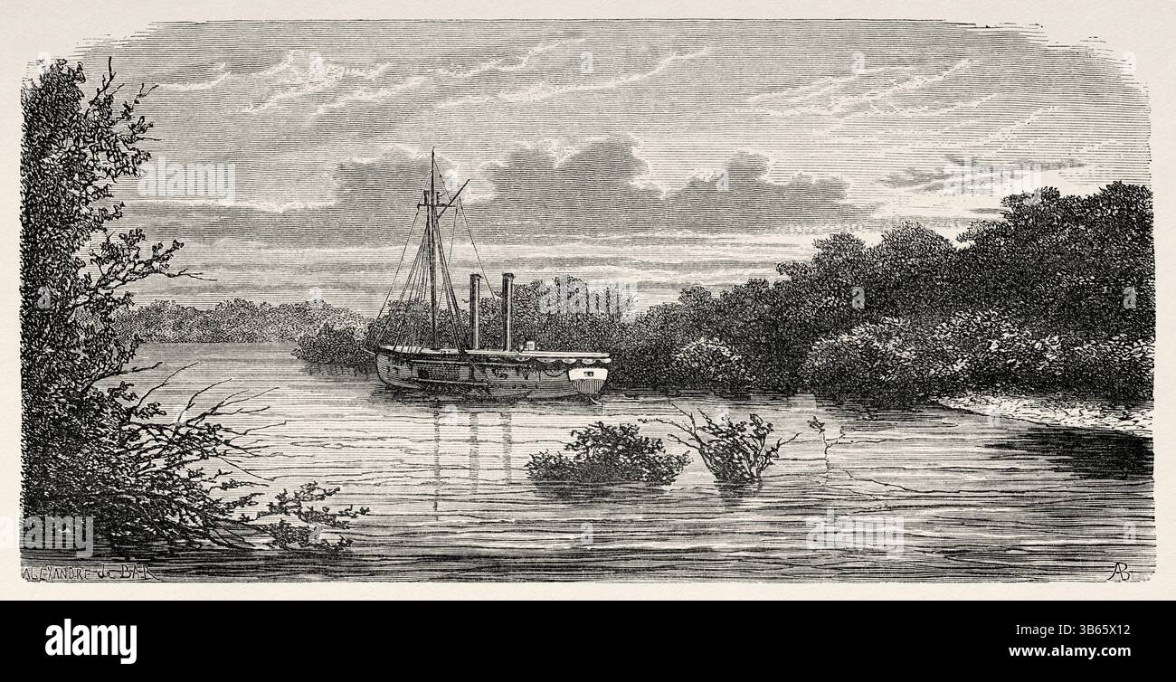 La Couleuvrine. Torpilleur français de classe bombe des années 1880 Sénégal, Afrique. Dessin d'Alexandre de Bar (1821-1908) croisière sur les côtes africaines en 1868 par le vice-amiral Alphonse Fleuriot de Langle (1809 - 1881) le Tour du monde 1872 Banque D'Images
