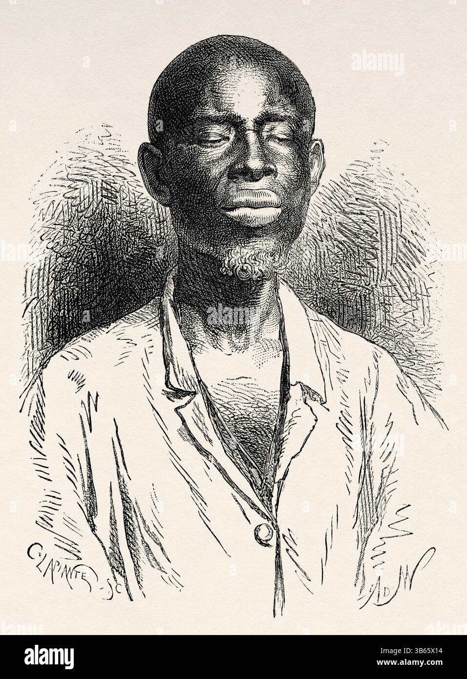 Un laptot était un marin indigène, parfois canoéiste, porteur ou débardeur à l'époque de la colonisation française, principalement sur le fleuve Sénégal ou le long de la côte sénégalaise. Sénégal, Afrique. Dessin d'Alphonse de Neuville (1835-1885) croisière sur les côtes africaines en 1868 par le vice-amiral Alphonse Fleuriot de Langle (1809 - 1881) le Tour du monde 1872 Banque D'Images