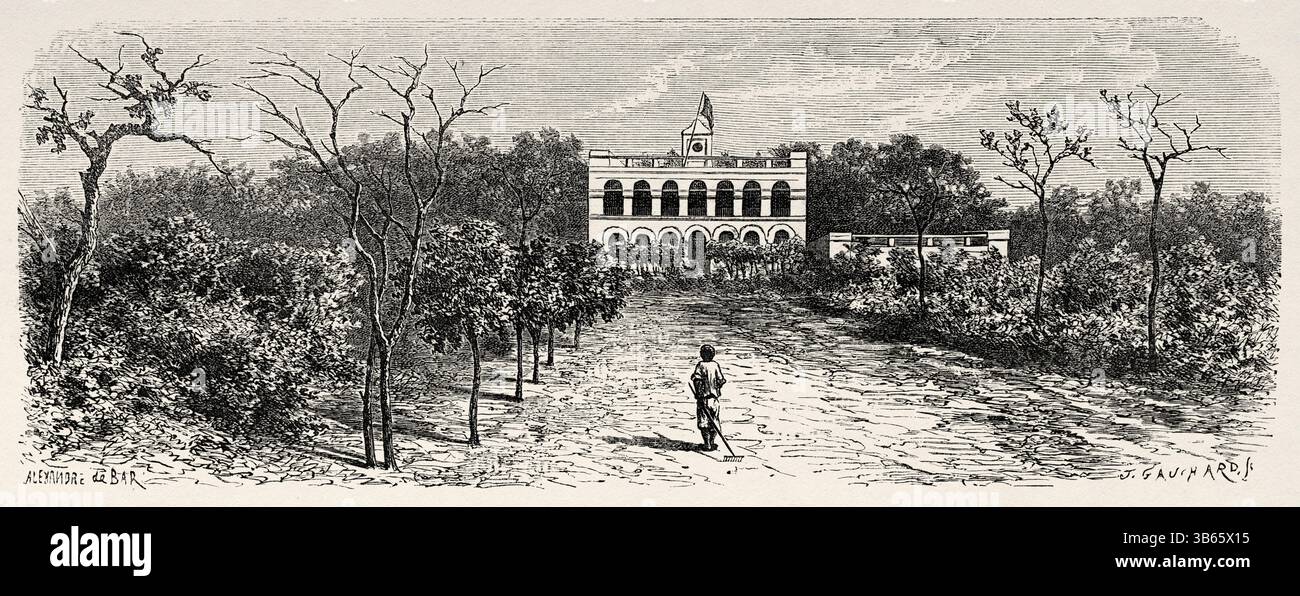 Château de Richard Toll village, Sénégal, Afrique. Dessin d'Alexandre de Bar (1821-1908) croisière sur les côtes africaines en 1868 par le vice-amiral Alphonse Fleuriot de Langle (1809 - 1881) le Tour du monde 1872 Banque D'Images
