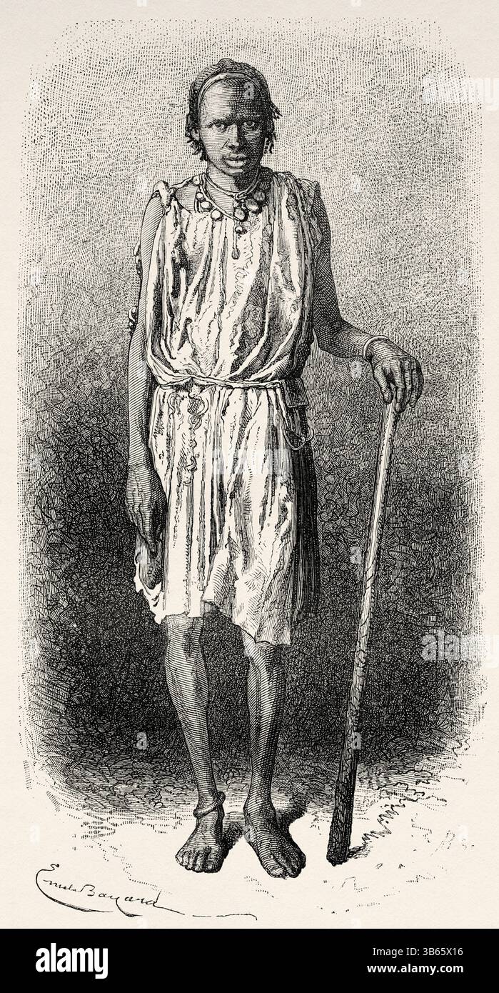 Berger sénégalais, Sénégal, Afrique. Dessin d'Emile Bayard (1837-1891) croisière sur les côtes africaines en 1868 par le vice-amiral Alphonse Fleuriot de Langle (1809 - 1881) le Tour du monde 1872 Banque D'Images