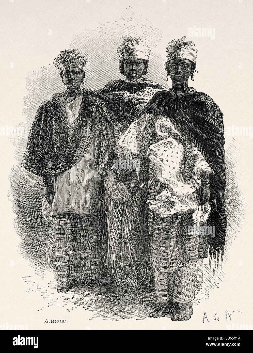 Femmes sénégalaises vêtues de vêtements traditionnels, Sénégal, Afrique. Dessin d'Alphonse de Neuville (1835-1885) croisière sur les côtes africaines en 1868 par le vice-amiral Alphonse Fleuriot de Langle (1809 - 1881) le Tour du monde 1872 Banque D'Images