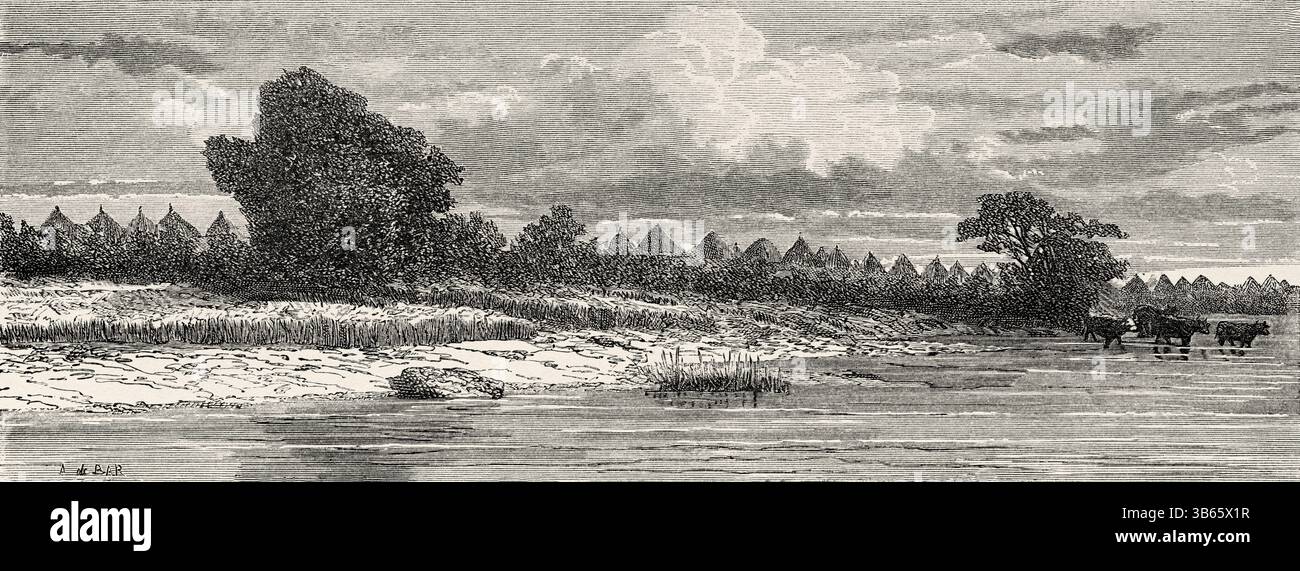 Ville de Guédé, nord du Sénégal, Afrique. Dessin d'Alexandre de Bar (1821-1908) croisière sur les côtes africaines en 1868 par le vice-amiral Alphonse Fleuriot de Langle (1809 - 1881) le Tour du monde 1872 Banque D'Images