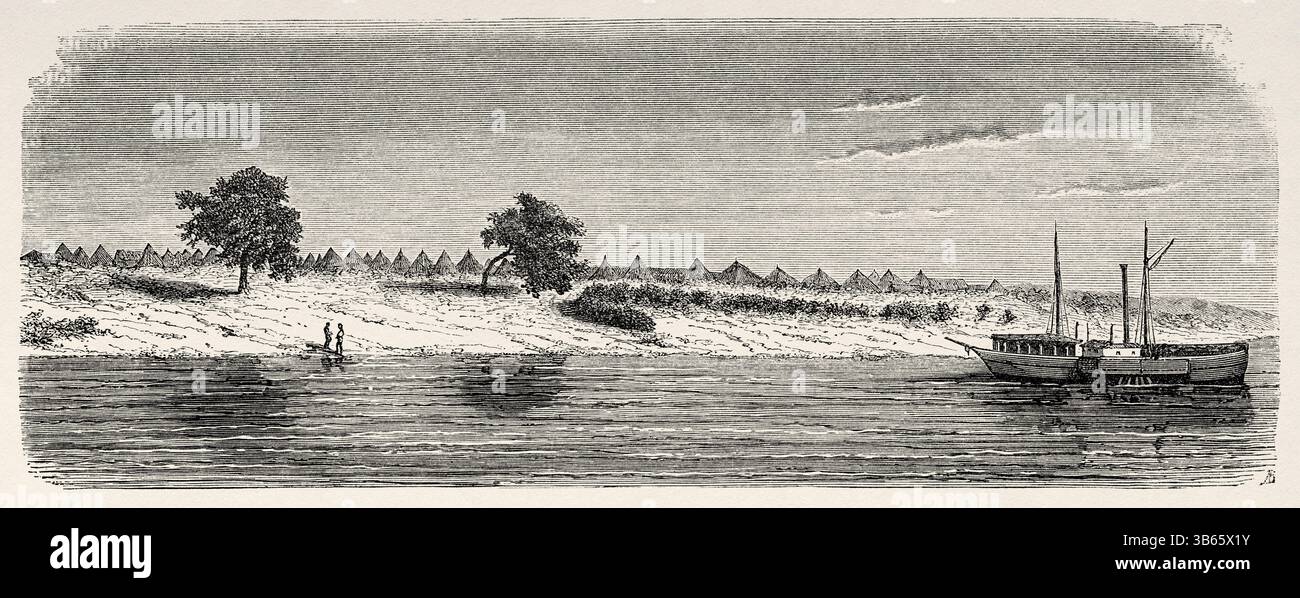 Ville de Ndioum, région de Saint Louis, Sénégal, Afrique. Dessin d'Alexandre de Bar (1821-1908) croisière sur les côtes africaines en 1868 par le vice-amiral Alphonse Fleuriot de Langle (1809 - 1881) le Tour du monde 1872 Banque D'Images