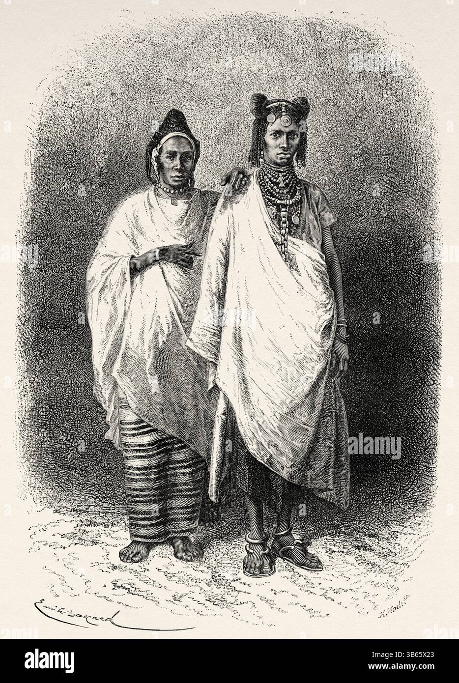 Femmes sarakolaises et kassonkaises du Haut Sénégal, vêtues de vêtements traditionnels typiques, Sénégal, Afrique. Dessin d'Emile Bayard (1837-1891) croisière sur les côtes africaines en 1868 par le vice-amiral Alphonse Fleuriot de Langle (1809 - 1881) le Tour du monde 1872 Banque D'Images
