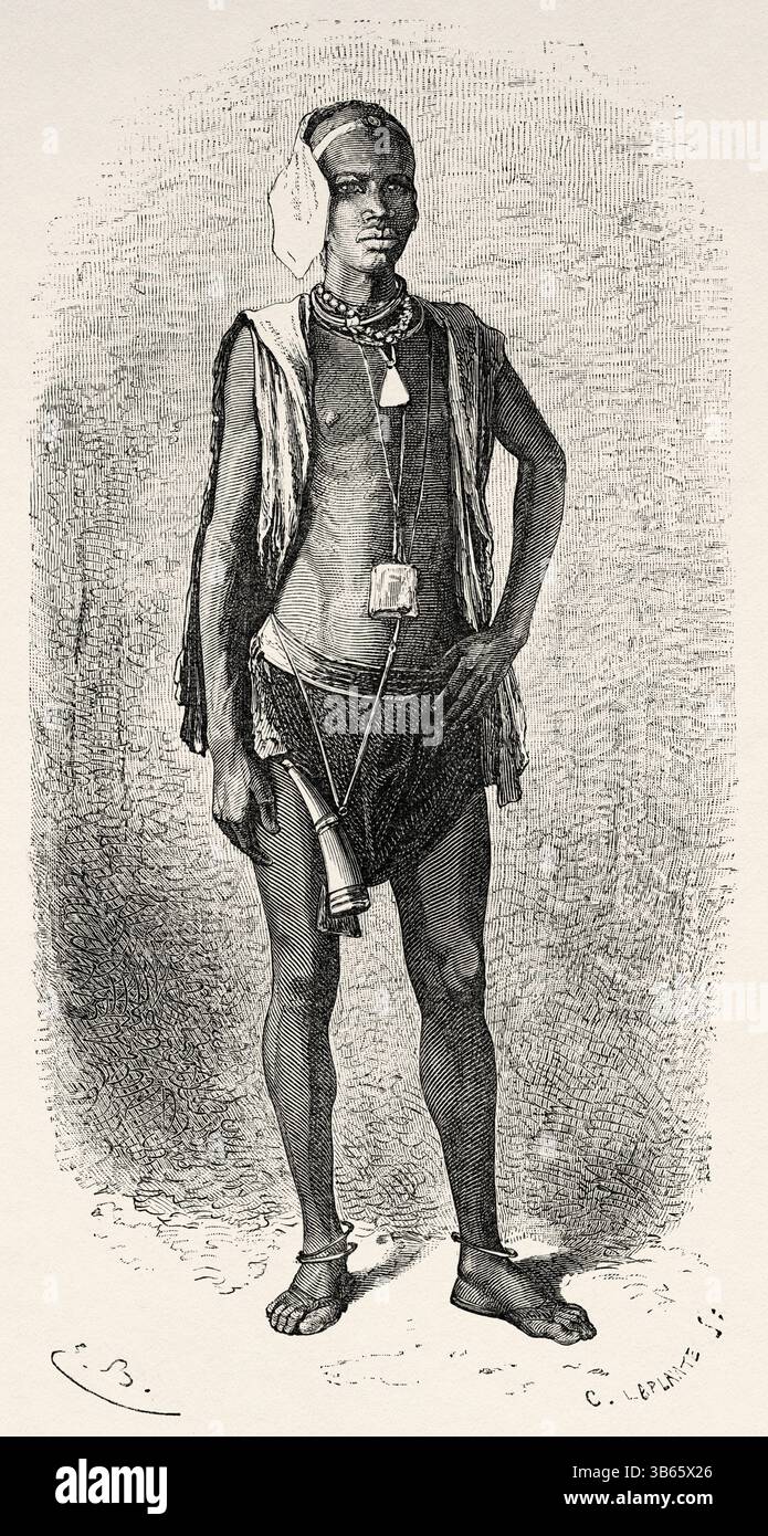 Le peuple Peuls, aussi appelé Foulani, Fulbhés, Fulfulde, Pular ou Fellata, est un peuple traditionnellement pastoral établi dans tout le Sénégal, en Afrique. Dessin d'Emile Bayard (1837-1891) croisière sur les côtes africaines en 1868 par le vice-amiral Alphonse Fleuriot de Langle (1809 - 1881) le Tour du monde 1872 Banque D'Images