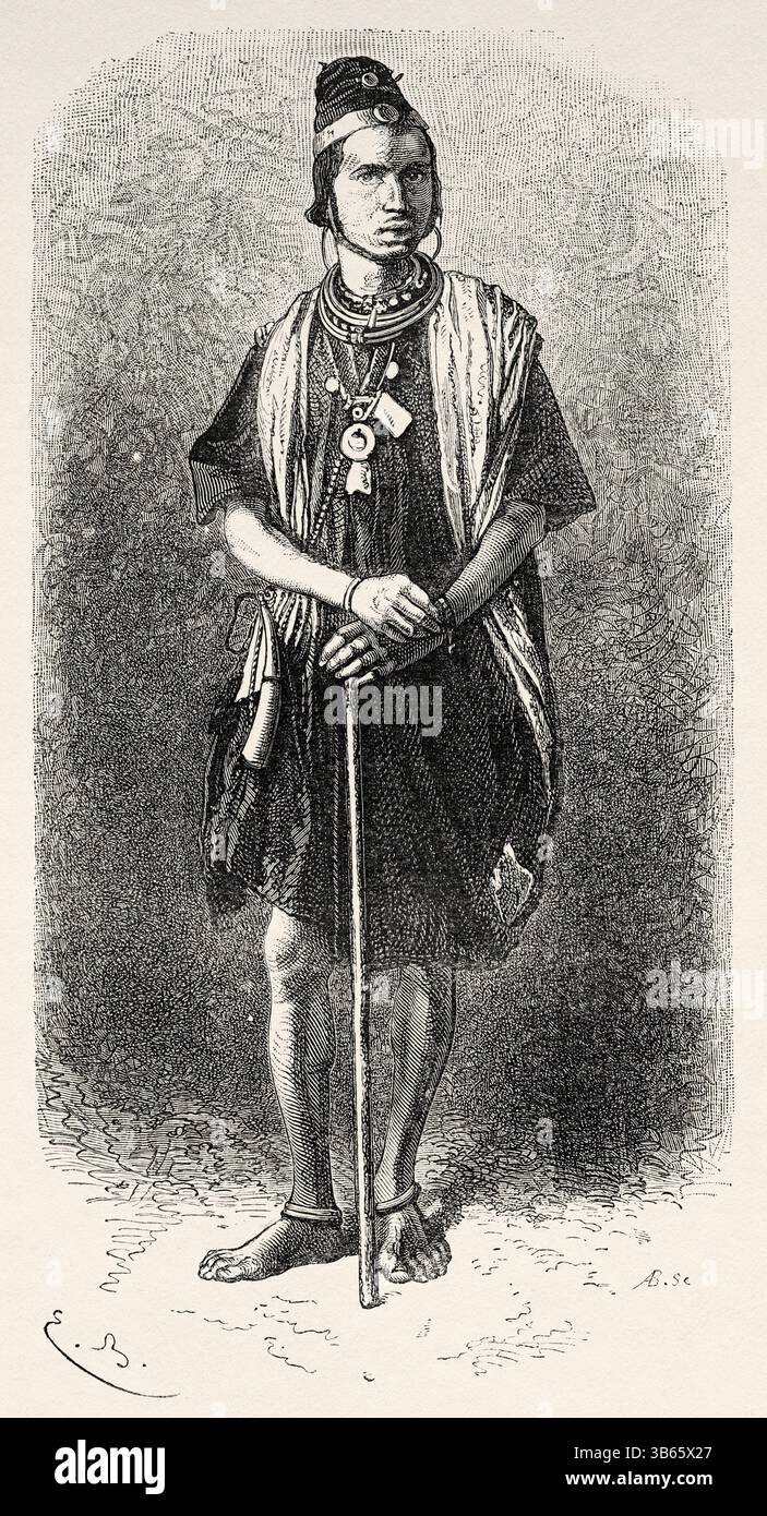 Le peuple Peuls, aussi appelé Foulani, Fulbhés, Fulfulde, Pular ou Fellata, est un peuple traditionnellement pastoral établi dans tout le Sénégal, en Afrique. Dessin d'Emile Bayard (1837-1891) croisière sur les côtes africaines en 1868 par le vice-amiral Alphonse Fleuriot de Langle (1809 - 1881) le Tour du monde 1872 Banque D'Images
