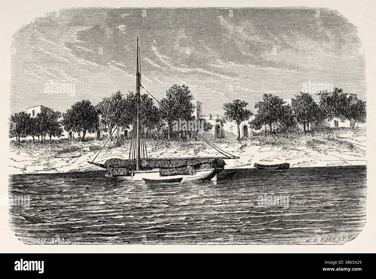 Poor, ville la plus septentrionale du Sénégal, située sur l'île de Morfil entre le fleuve Sénégal et le fleuve doué, à la frontière avec la Mauritanie. C'était l'emplacement de l'ancien état Takrur, Sénégal, Afrique. Dessin d'Alexandre de Bar (1821-1908) croisière sur les côtes africaines en 1868 par le vice-amiral Alphonse Fleuriot de Langle (1809 - 1881) le Tour du monde 1872 Banque D'Images