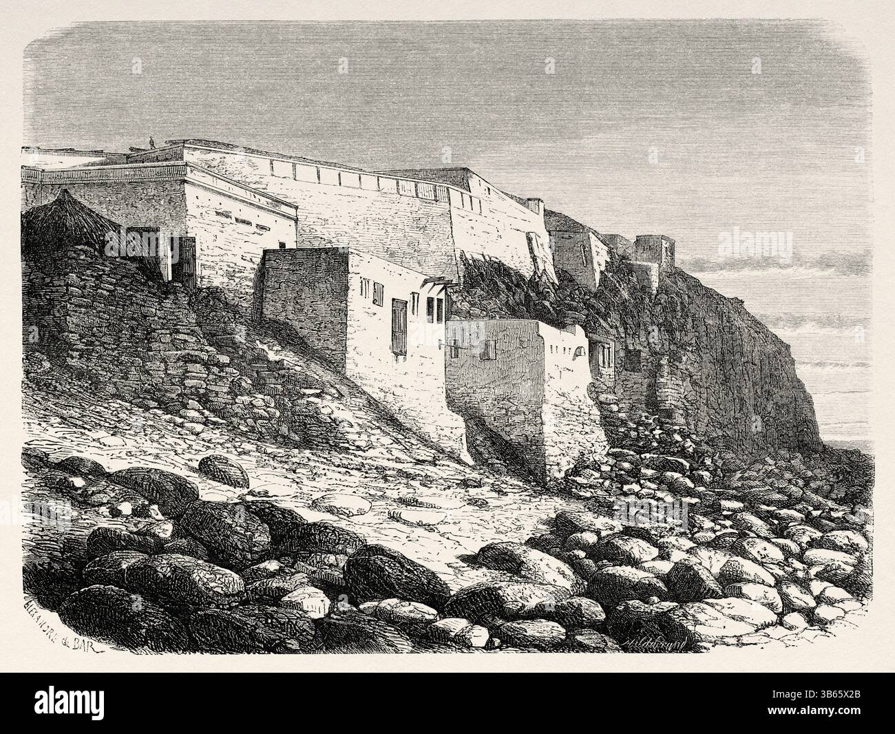 Île de Fort de Goree, Sénégal, Afrique. Dessin d'Alexandre de Bar (1821-1908) croisière sur les côtes africaines en 1868 par le vice-amiral Alphonse Fleuriot de Langle (1809 - 1881) le Tour du monde 1872 Banque D'Images