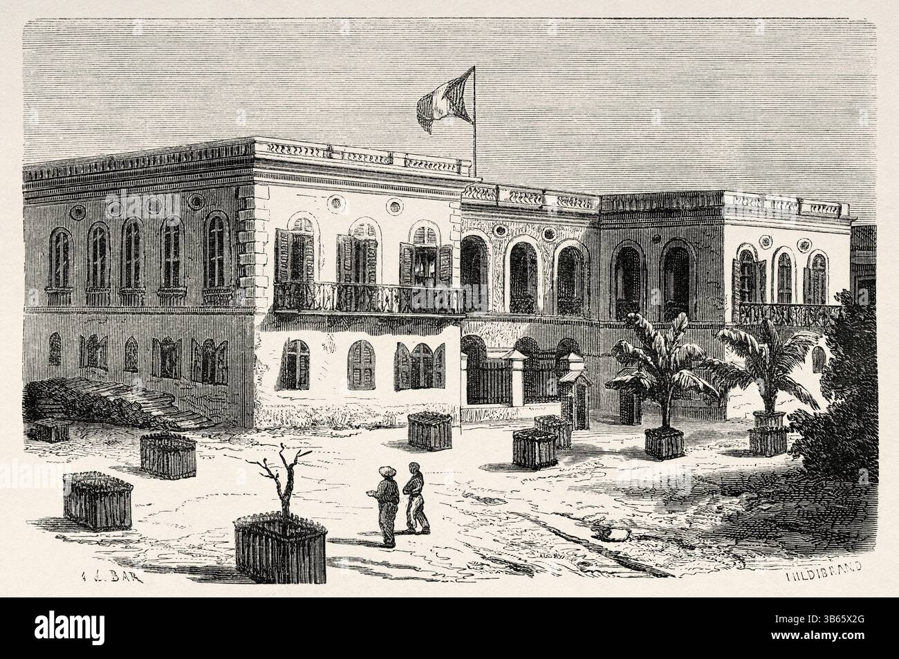 Maison du gouvernement à Goree, Sénégal, Afrique. Dessin d'Alexandre de Bar (1821-1908) croisière sur les côtes africaines en 1868 par le vice-amiral Alphonse Fleuriot de Langle (1809 - 1881) le Tour du monde 1872 Banque D'Images