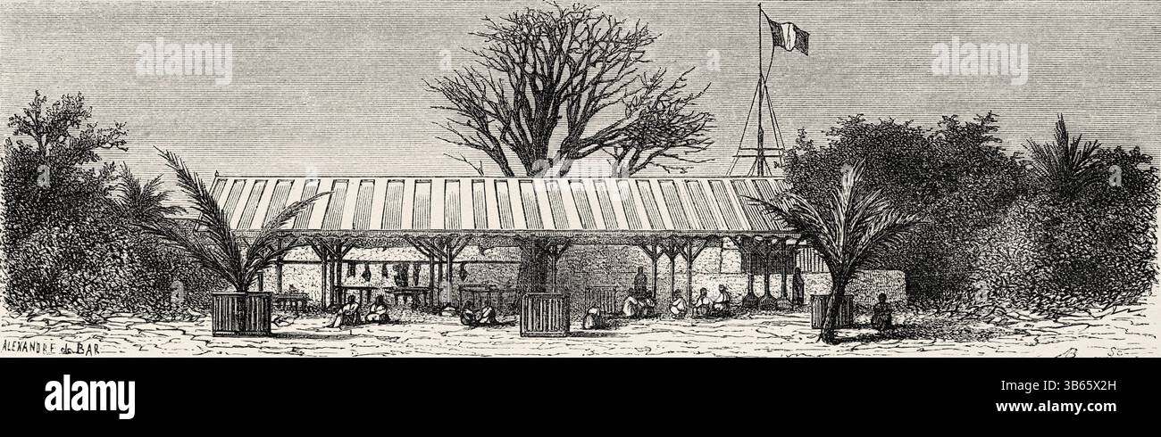 Marché de l'île de Gorée à Dakar, Sénégal, Afrique. Dessin d'Alexandre de Bar (1821-1908) croisière sur les côtes africaines en 1868 par le vice-amiral Alphonse Fleuriot de Langle (1809 - 1881) le Tour du monde 1872 Banque D'Images