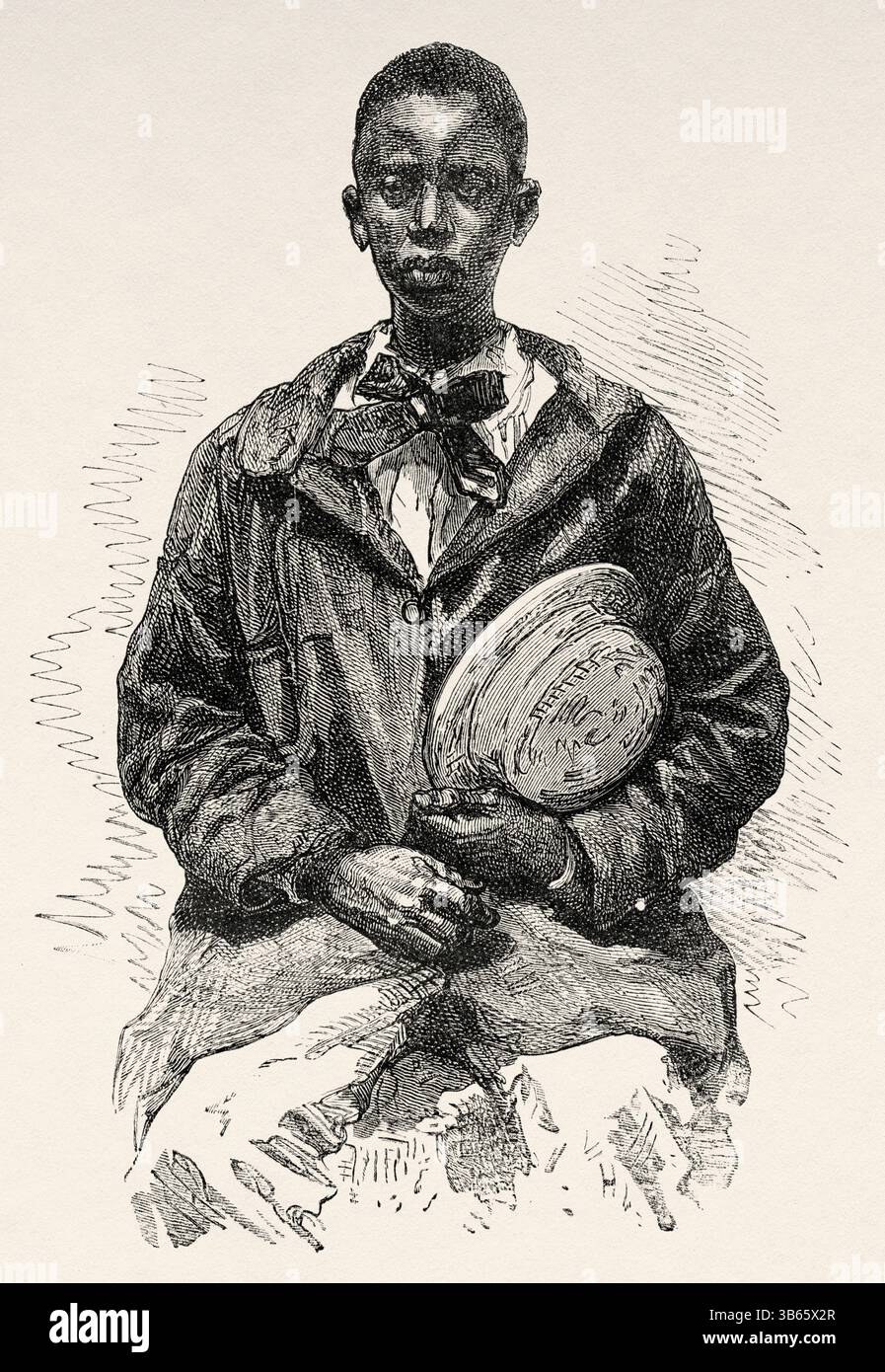 Greffier sénégalais, Sénégal, Afrique. Dessin d'Alphonse de Neuville (1835-1885) croisière sur les côtes africaines en 1868 par le vice-amiral Alphonse Fleuriot de Langle (1809 - 1881) le Tour du monde 1872 Banque D'Images