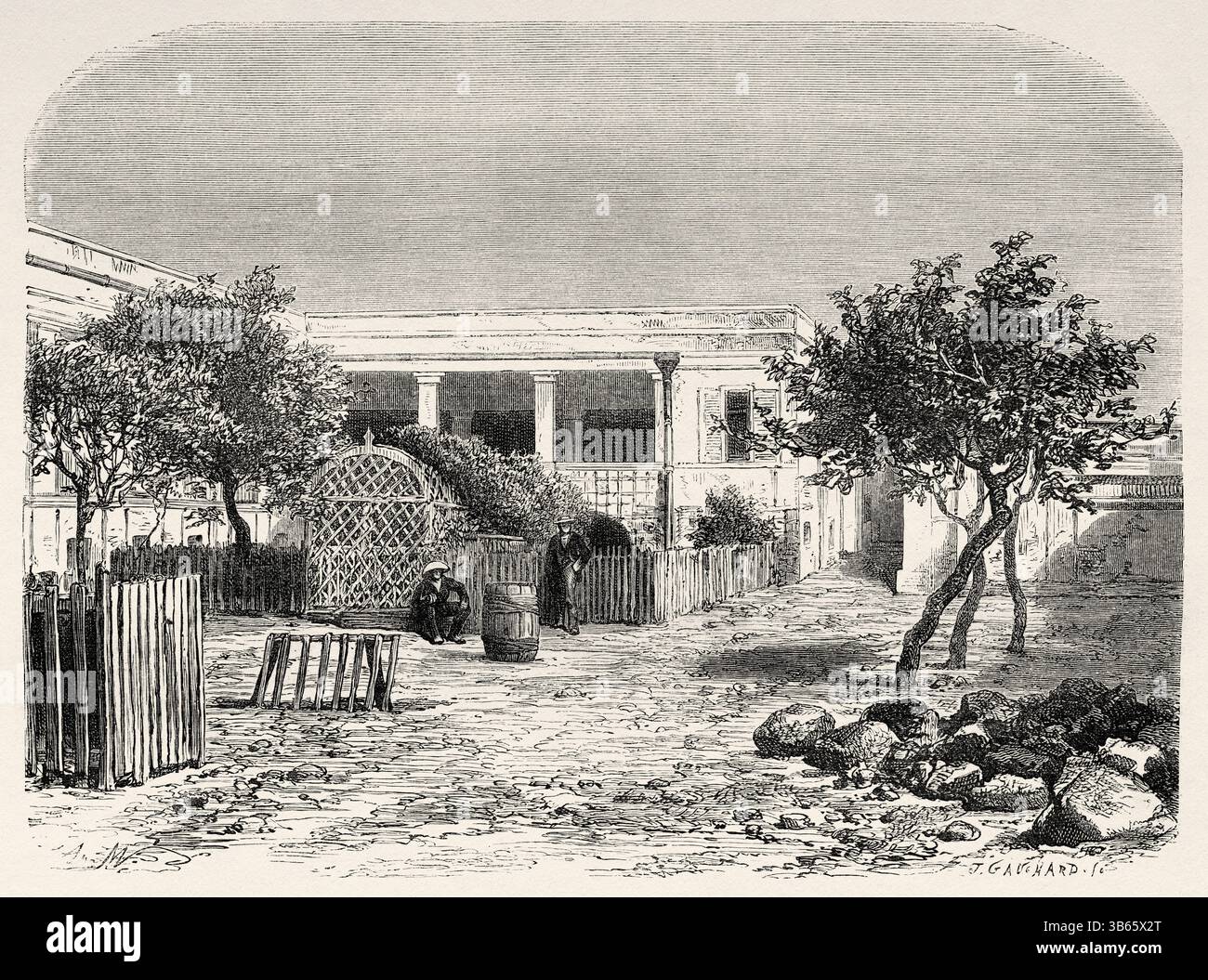 Intérieur de l'hôpital de Gore, Sénégal, Afrique. Dessin de A. Marie. Croisière sur les côtes africaines en 1868 par le vice-amiral Alphonse Fleuriot de Langle (1809 - 1881) le Tour du monde 1872 Banque D'Images