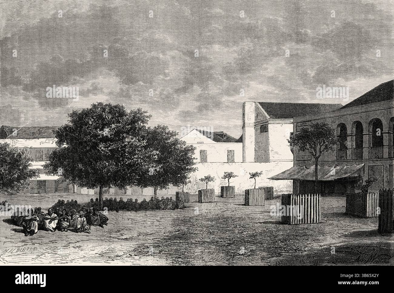 Marché de l'île de Gorée à Dakar, Sénégal, Afrique. Dessin de A. Marie. Croisière sur les côtes africaines en 1868 par le vice-amiral Alphonse Fleuriot de Langle (1809 - 1881) le Tour du monde 1872 Banque D'Images