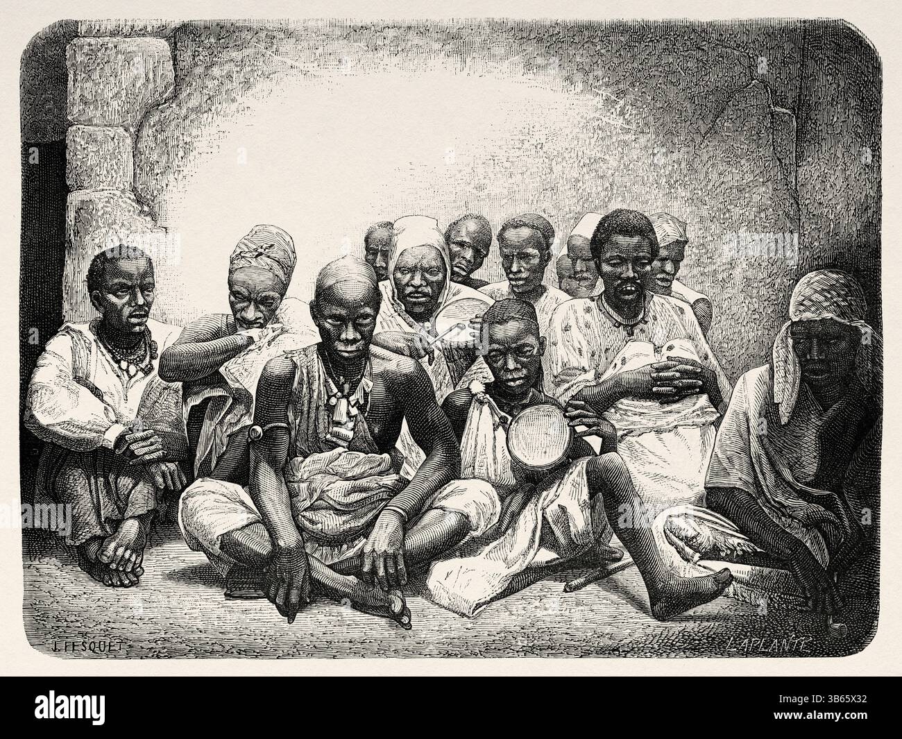 Goree Griots, est une historienne ouest-africaine, conteuse, chanteuse de louange, poète, musicienne. Sénégal, Afrique. Dessin de Jules Fesquet (1817 - 1878) croisière sur les côtes africaines en 1868 par le vice-amiral Alphonse Fleuriot de Langle (1809 - 1881) le Tour du monde 1872 Banque D'Images