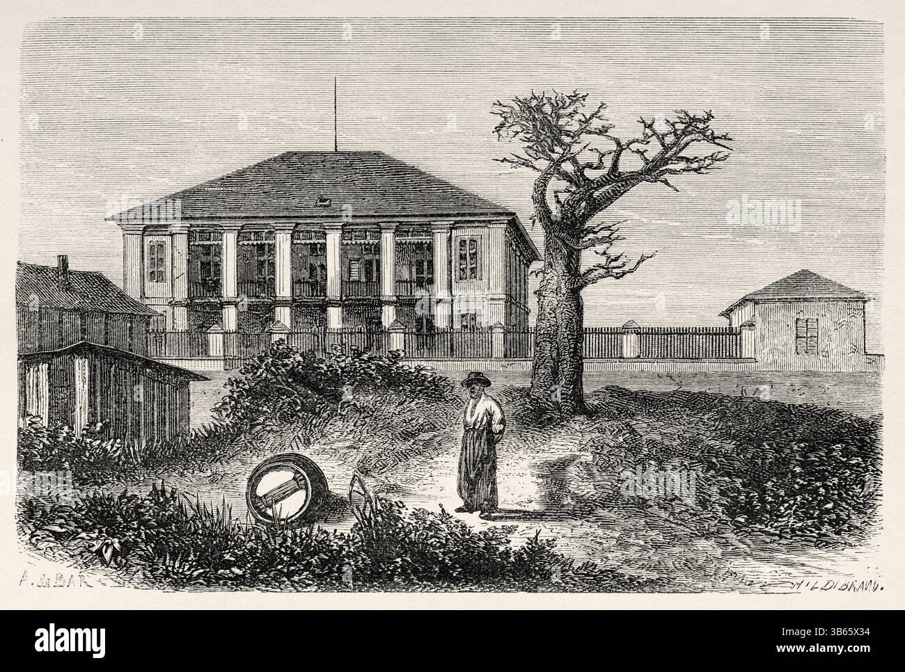 Courier Hotel, Dakar. Sénégal, Afrique. Dessin d'Alexandre de Bar (1821-1908) croisière sur les côtes africaines en 1868 par le vice-amiral Alphonse Fleuriot de Langle (1809 - 1881) le Tour du monde 1872 Banque D'Images