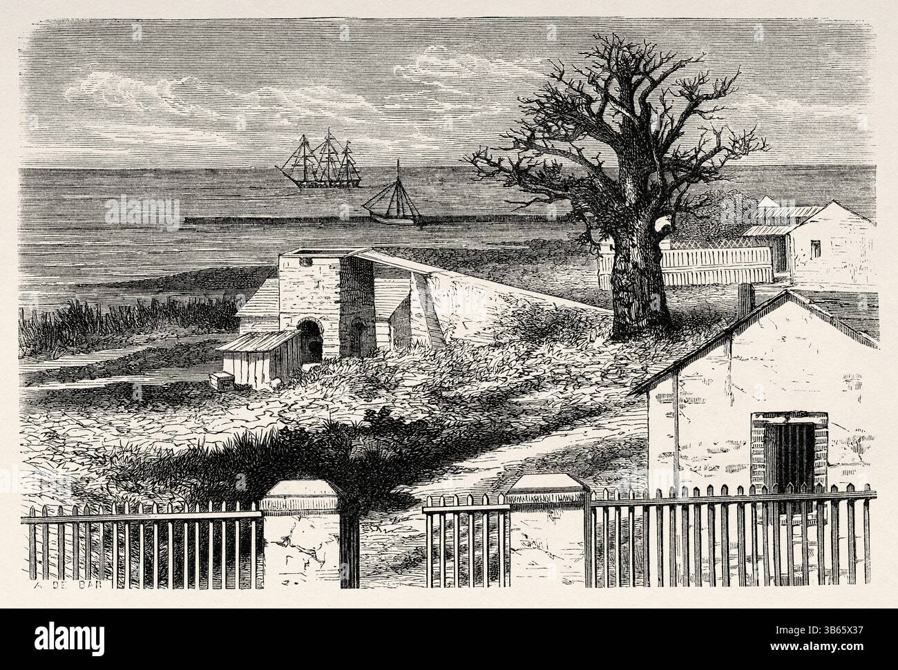 Vue de Dakar, capitale et plus grande ville du Sénégal, Afrique. Dessin d'Alexandre de Bar (1821-1908) croisière sur les côtes africaines en 1868 par le vice-amiral Alphonse Fleuriot de Langle (1809 - 1881) le Tour du monde 1872 Banque D'Images