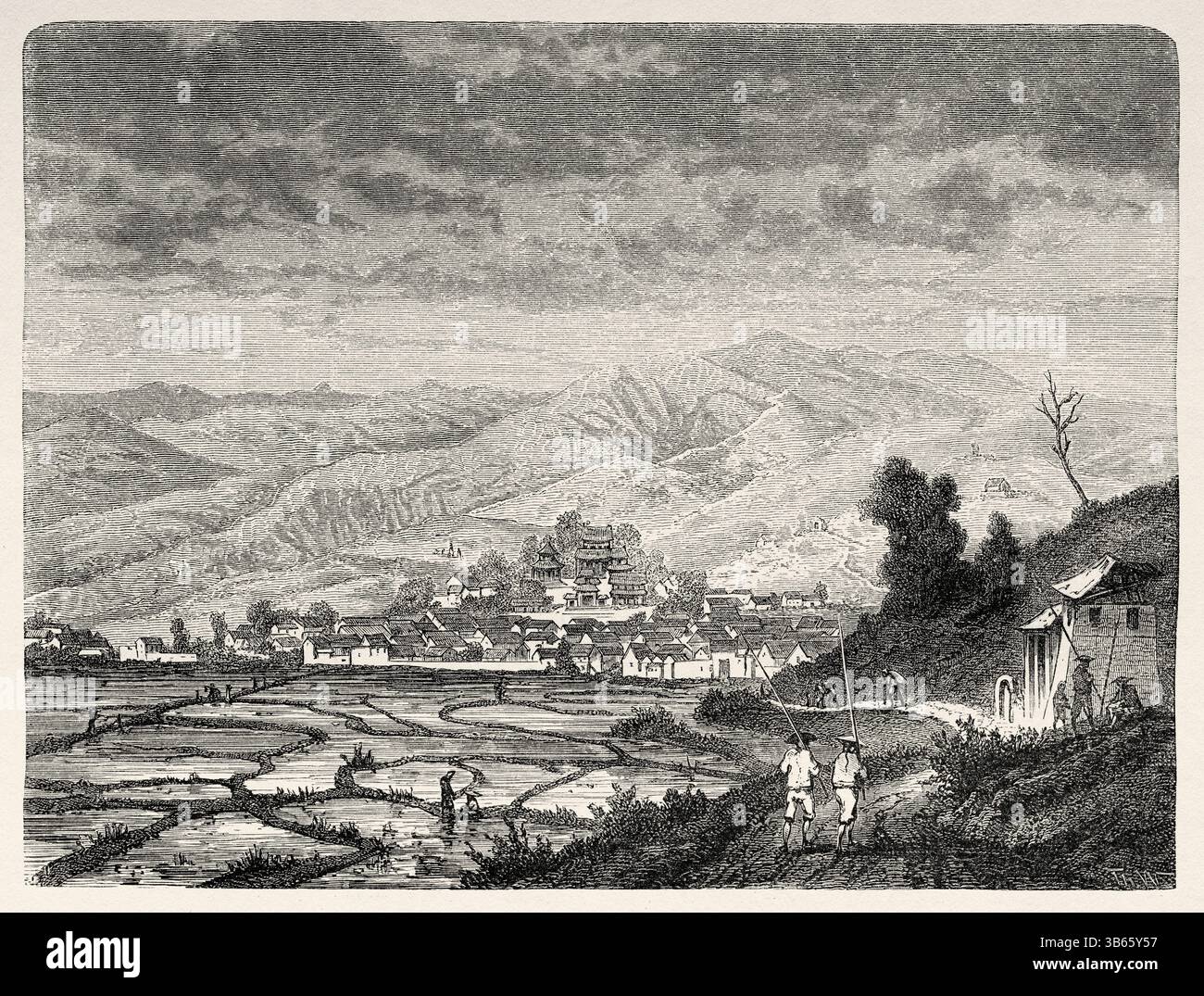 Village de Ta-lan, sud de la province du Yunnan, Chine, Asie. Dessin de Theodore Weber (1838-1907) exploration voyage en Indochine de Francis Garnier (1839 - 1873) le Tour du monde 1872 Banque D'Images Village de Ta-lan, sud de la province du Yunnan, Chine, Asie. Dessin de Theodore Weber (1838-1907) exploration voyage en Indochine de Francis Garnier (1839 - 1873) le Tour du monde 1872 Banque D'Images
