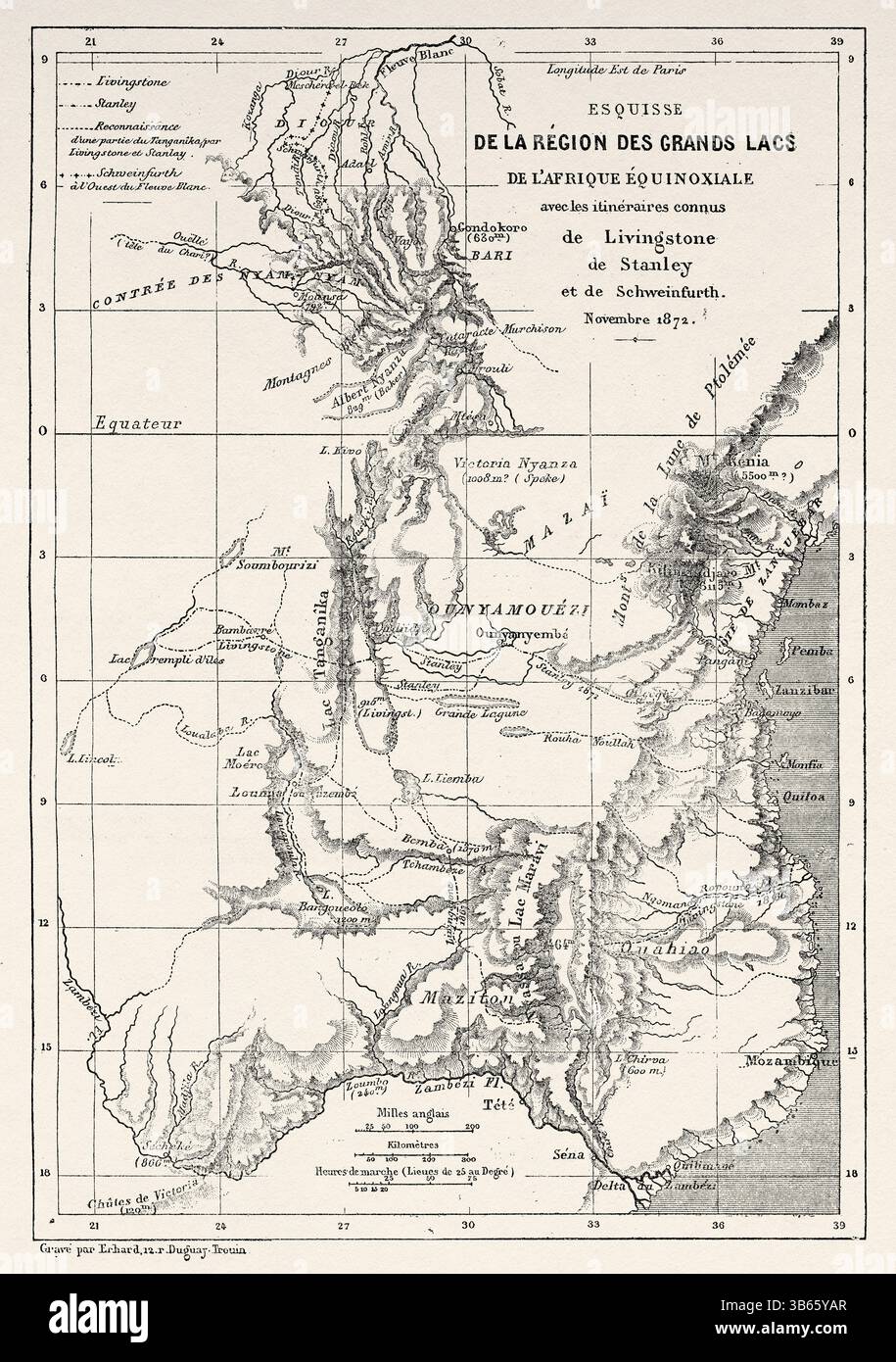 Ancienne carte de la région des grands Lacs de l'Afrique équinoctiale, montrant les routes connues de Livingstone de Stanley et Schweinfurth. Sénégal, Afrique. Croisière sur les côtes africaines en 1868 par le vice-amiral Alphonse Fleuriot de Langle (1809 - 1881) le Tour du monde 1872 Banque D'Images