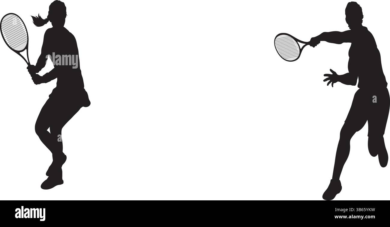 Silhouette de joueurs de tennis masculins et féminins se ralliant sur le court Illustration de Vecteur