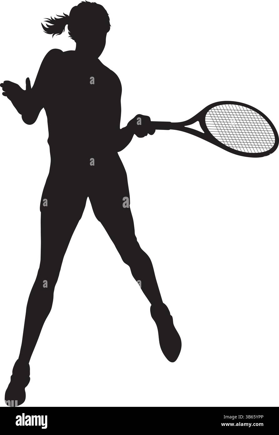 Silhouette de joueuse de tennis féminine en posture d'action Illustration de Vecteur