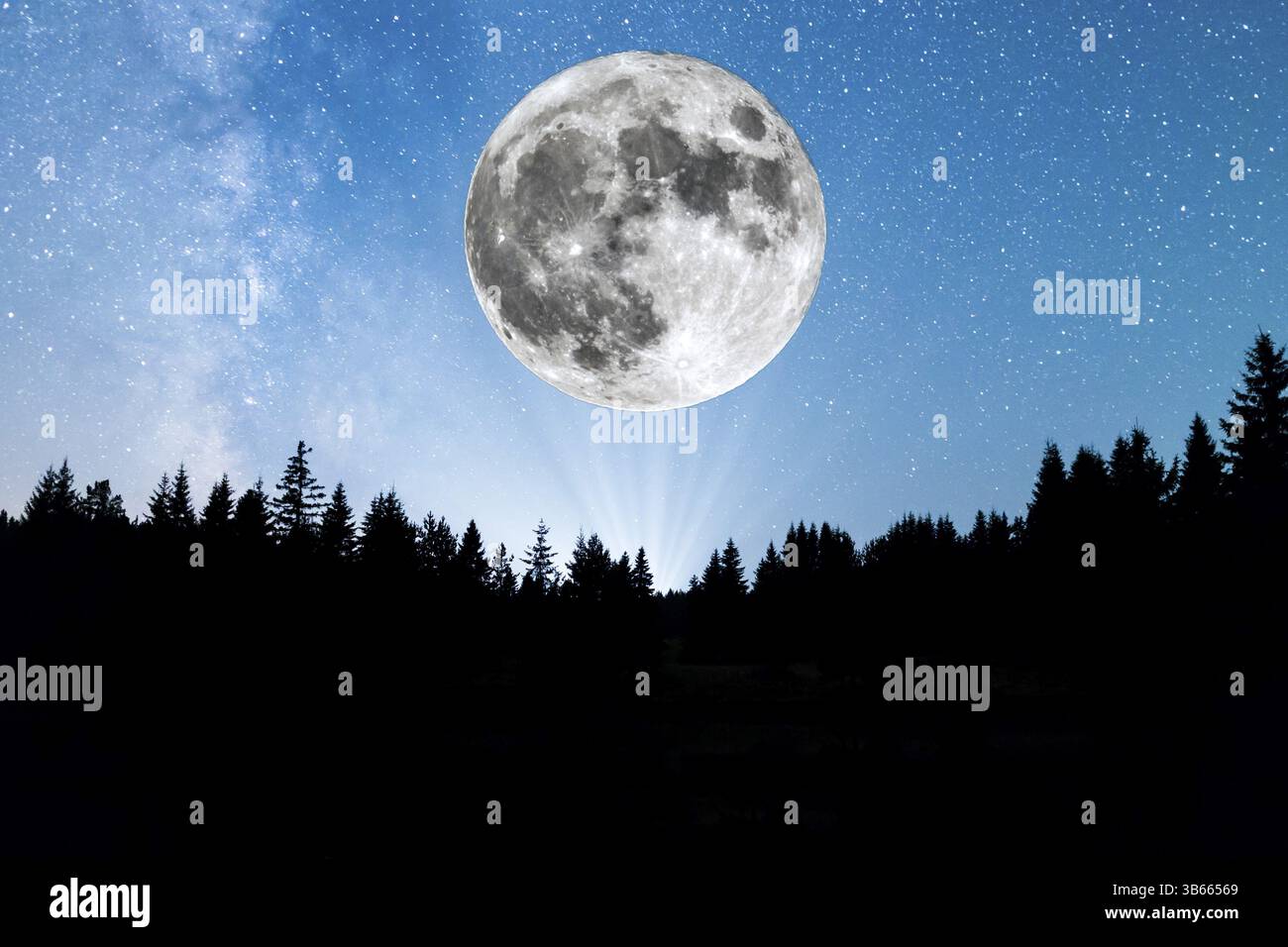 Super Lune. Une vue des étoiles de la voie Lactée avec une silhouette d'une forêt de pins dans la montagne Banque D'Images